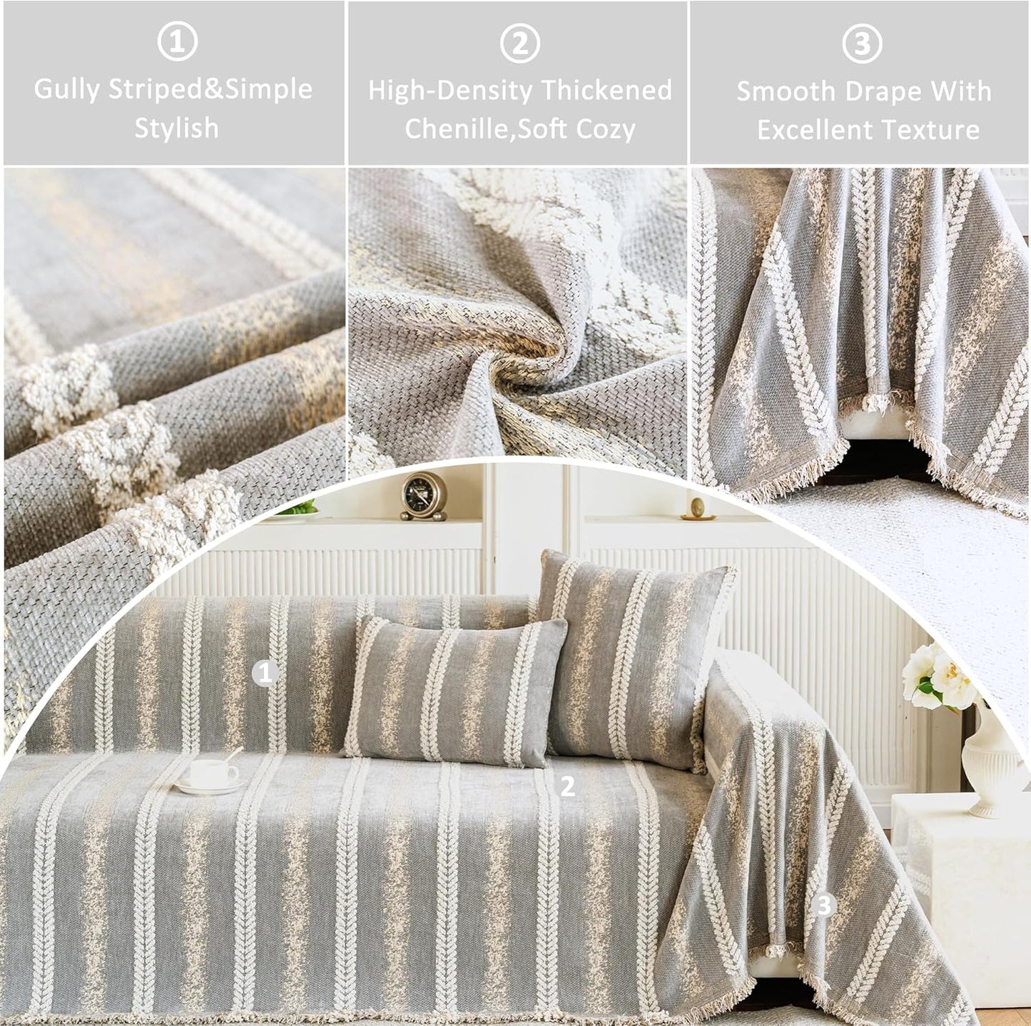 Couch Cover for Dogs Washable Sofa Cover, Sectional Couch Covers, Sofa Covers for 2 Cushion Couch, Non Slip Stripe Sofa Slipcovers Furniture Protector, Couch Protector from Cat Claws, Light,71''x118''