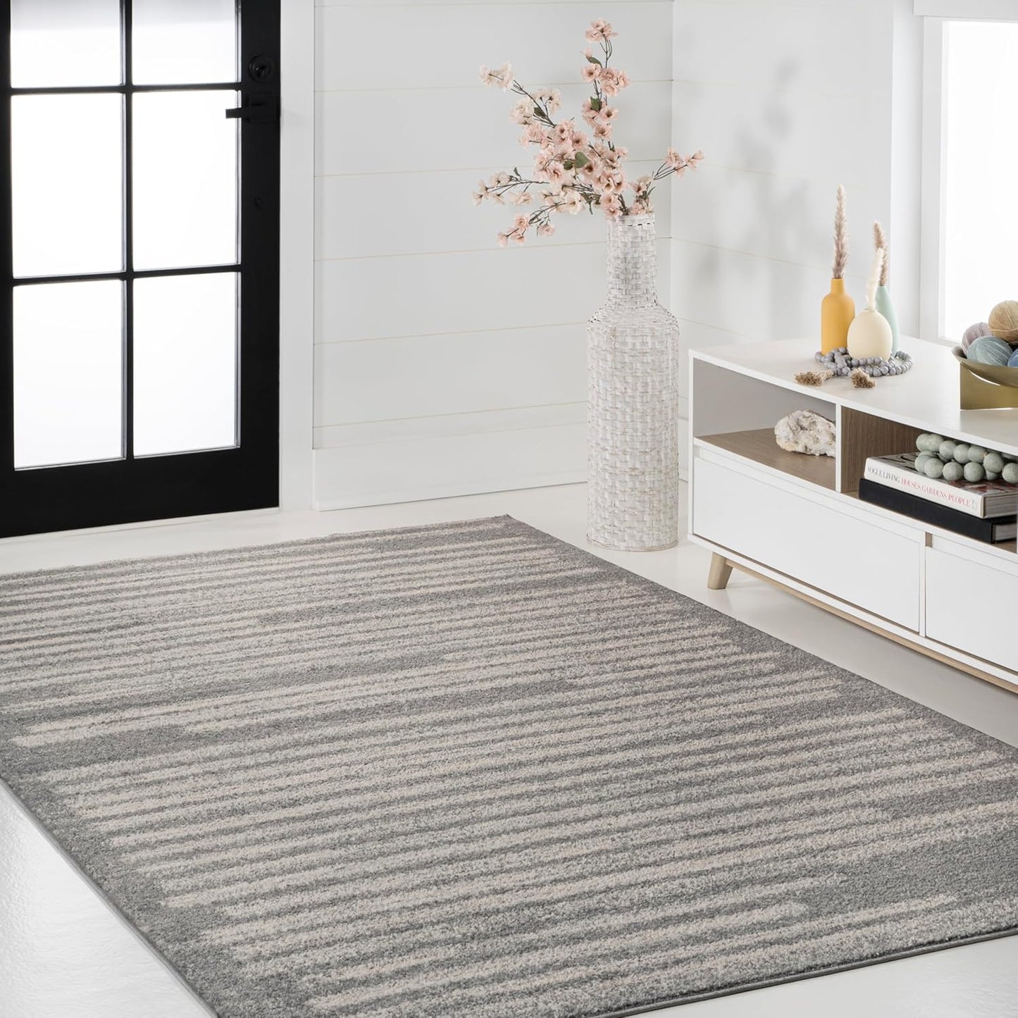 JONATHAN Y Khalil Modern Berber Stripe Gray/Cream Indoor Area Rug, 8x10, Contemporary, Bohemian, Easy-Cleaning for Living Room, Bedroom, Kitchen, Pet Friendly, Non-Shedding (MOH207G-8)