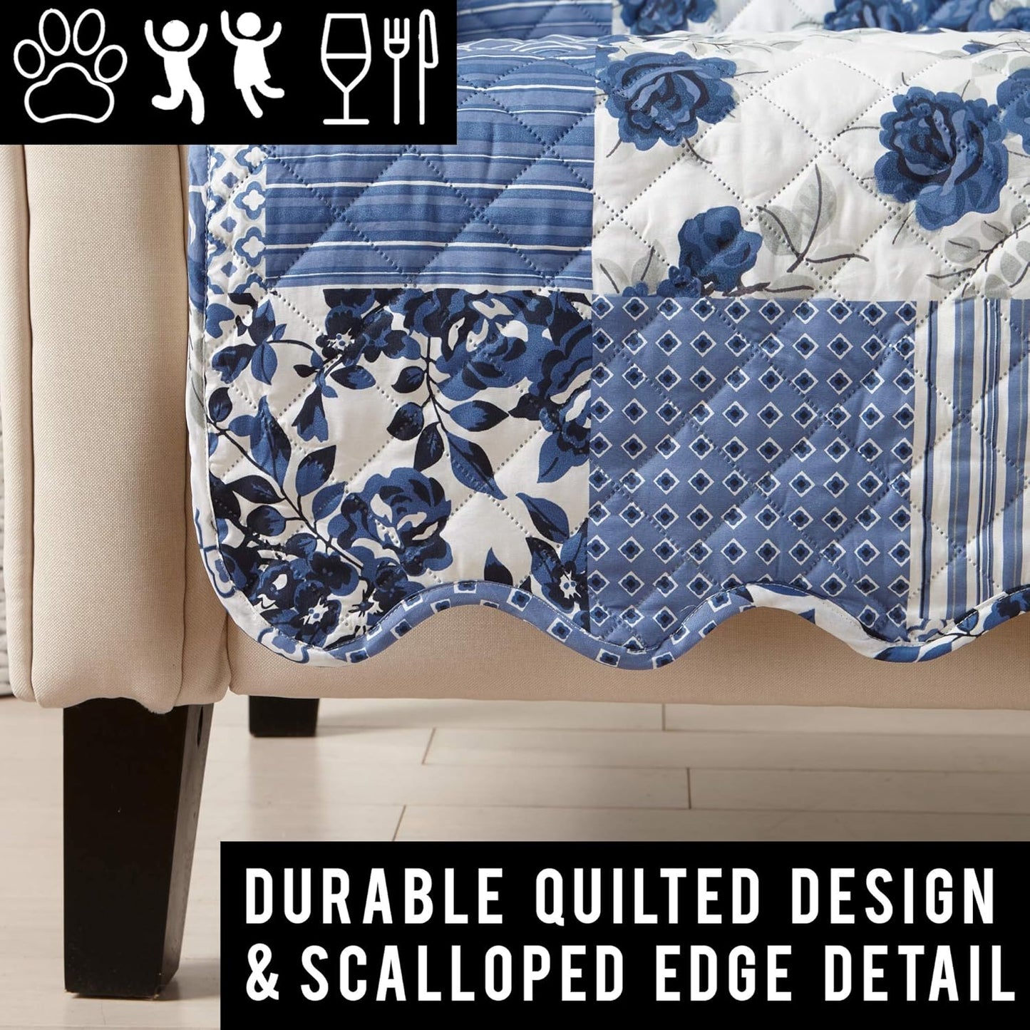 Great Bay Home Patchwork Scalloped Printed Furniture Protector Stain Resistant Loveseat Cover (Loveseat, Navy)