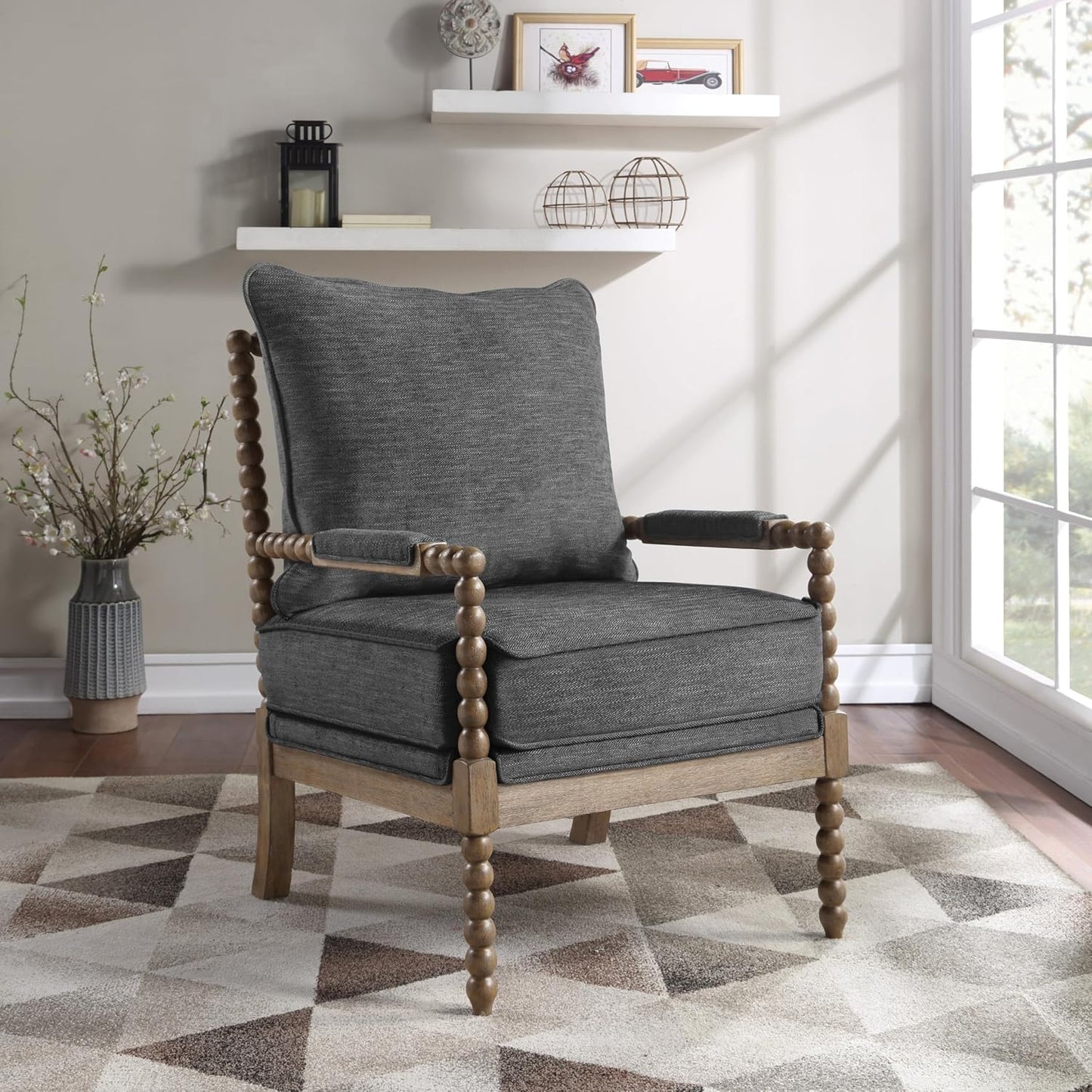 OSP Home Furnishings Fletcher Spindle Accent Chair with Rustic Brown Finish, Charcoal Upholstery