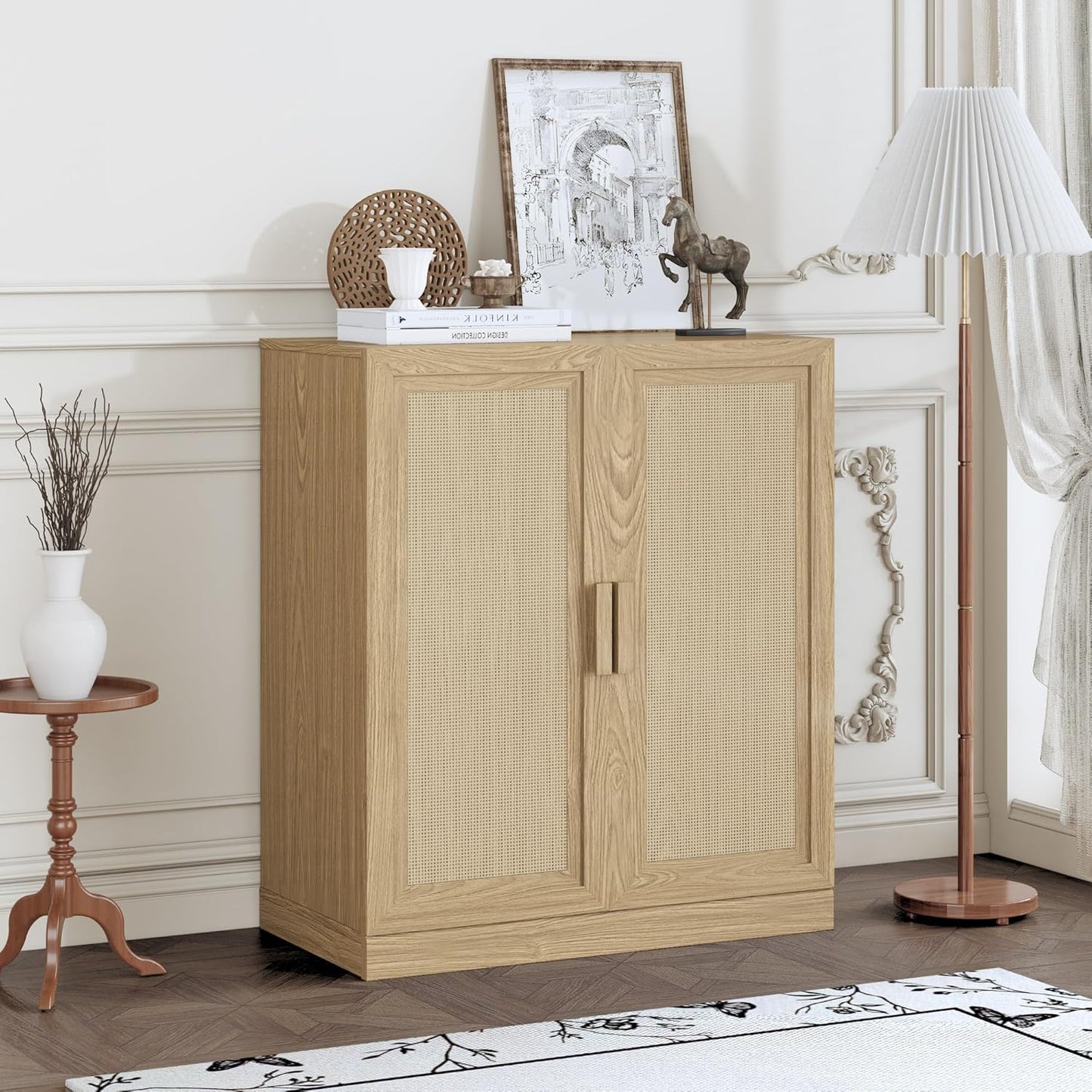 Buffet Cabinet, 2-Doors Sideboard Cabinet with Rattan Panels, Buffet Console Accent Table for Hallway Entryway Dining Room, 36", Oak