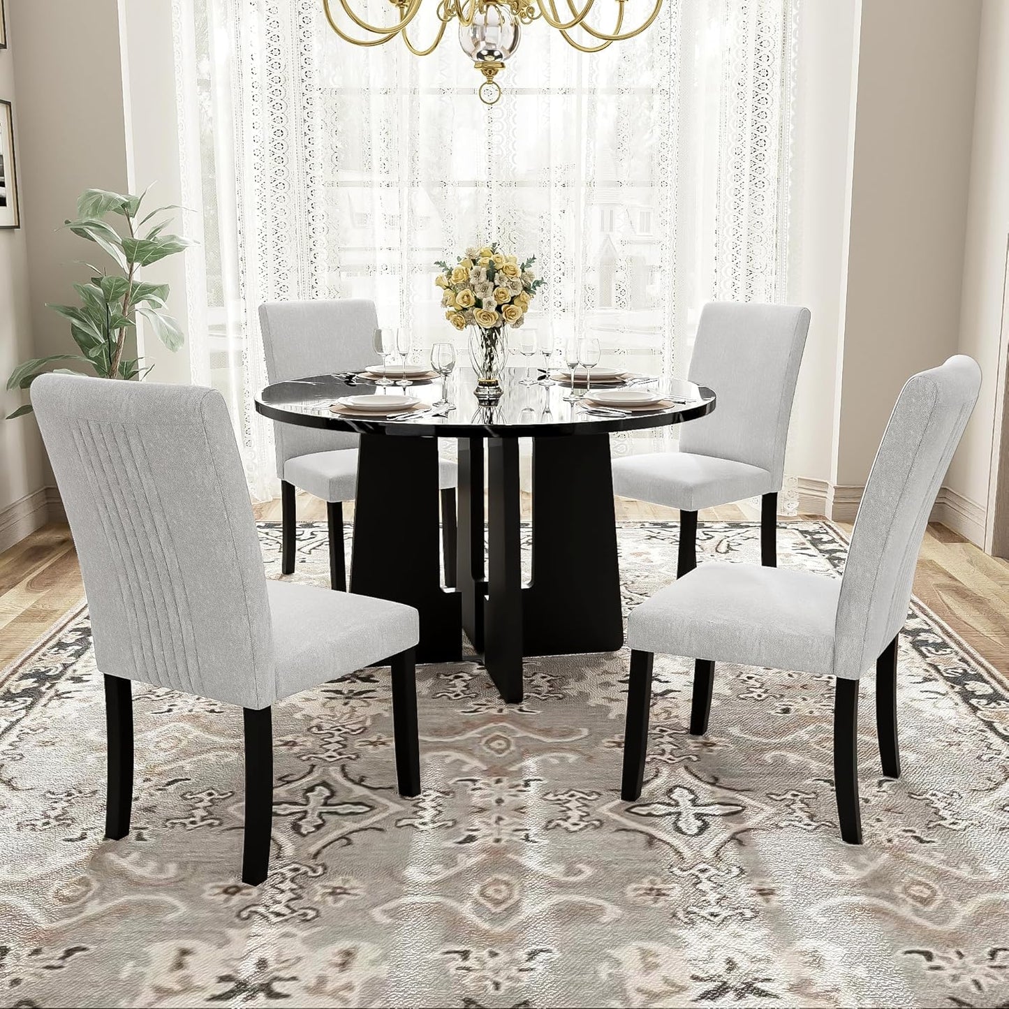 Ball & Cast Dining Table Set for 4 W/ 4 Upholstered Chairs,5 Piece Dining Table W/ 43" Round Faux Marble Table,Kitchen Table and Chairs for Living Room,Dining Room,Restaurant,Beige+Black