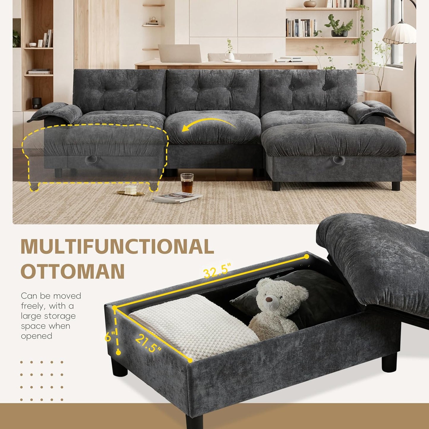 Mreax L-Shape Sectional Sofa with Movable Storage Ottoman and Multifunctional Armrest, 4 Seater Oversized Chenille Upholstered Cloud Couch for Living Room, Apartment, Unique Tufted Design, Dark Gray