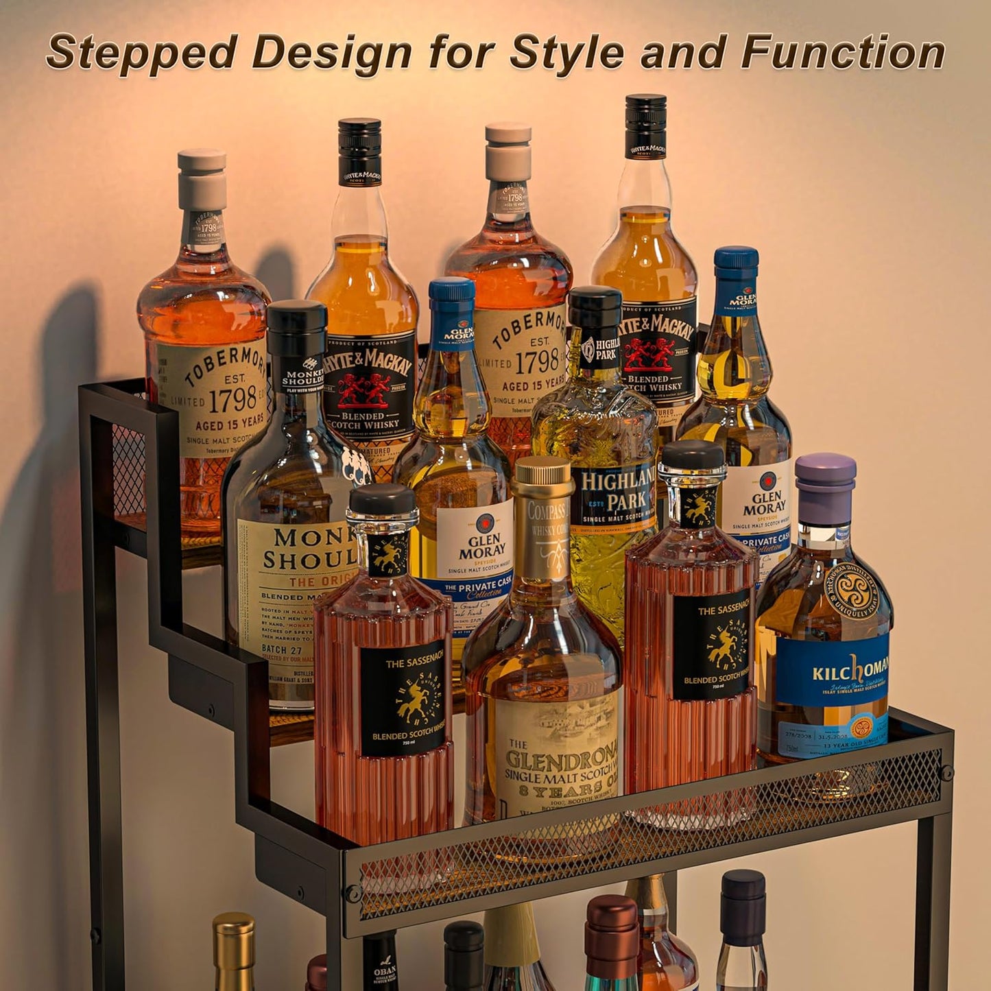 Trapezoidal Liquor Cabinet Bar for Home, Stepped Wine Rack Freestanding Floor, Corner Syrup & Whiskey Stand, Large-Capacity Alcohol Bottle Storage Display Shelf Living Room, Patent Pending