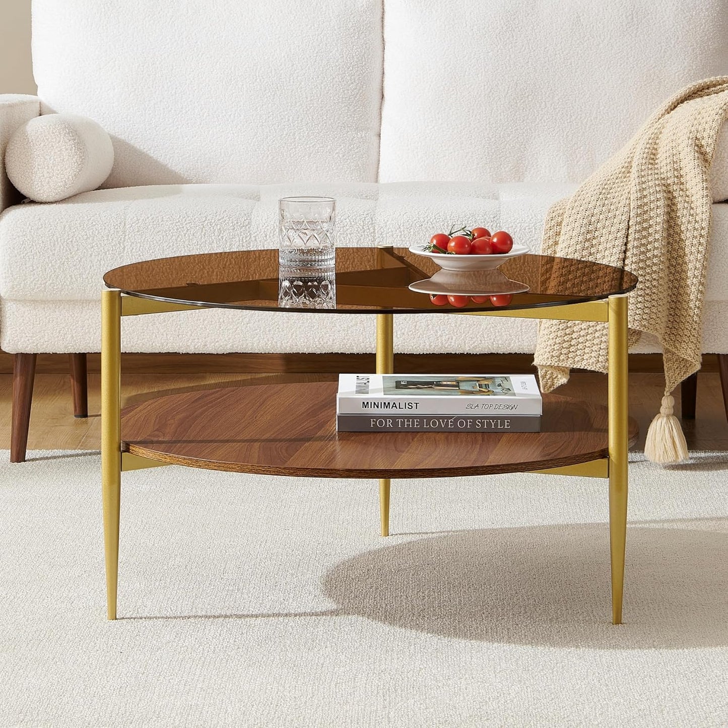 Round Coffee Table, Mid-Century Modern Design, D30*H17 inch, for Living Room, 2-Tier Structure, Amber Glass Top and Walnut Wood Shelf, Sleek Conical Metal Legs with Gold Finish