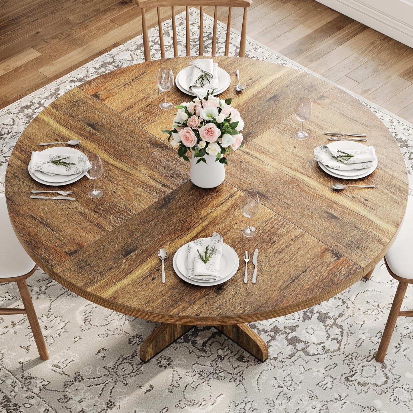 GarveeHome Round Dining Table for 4, 47 Inch Farmhouse Circle Kitchen Table with Wood Tabletop and Stable Base, for Home Dining Room Living Room, Brown (Only Table)