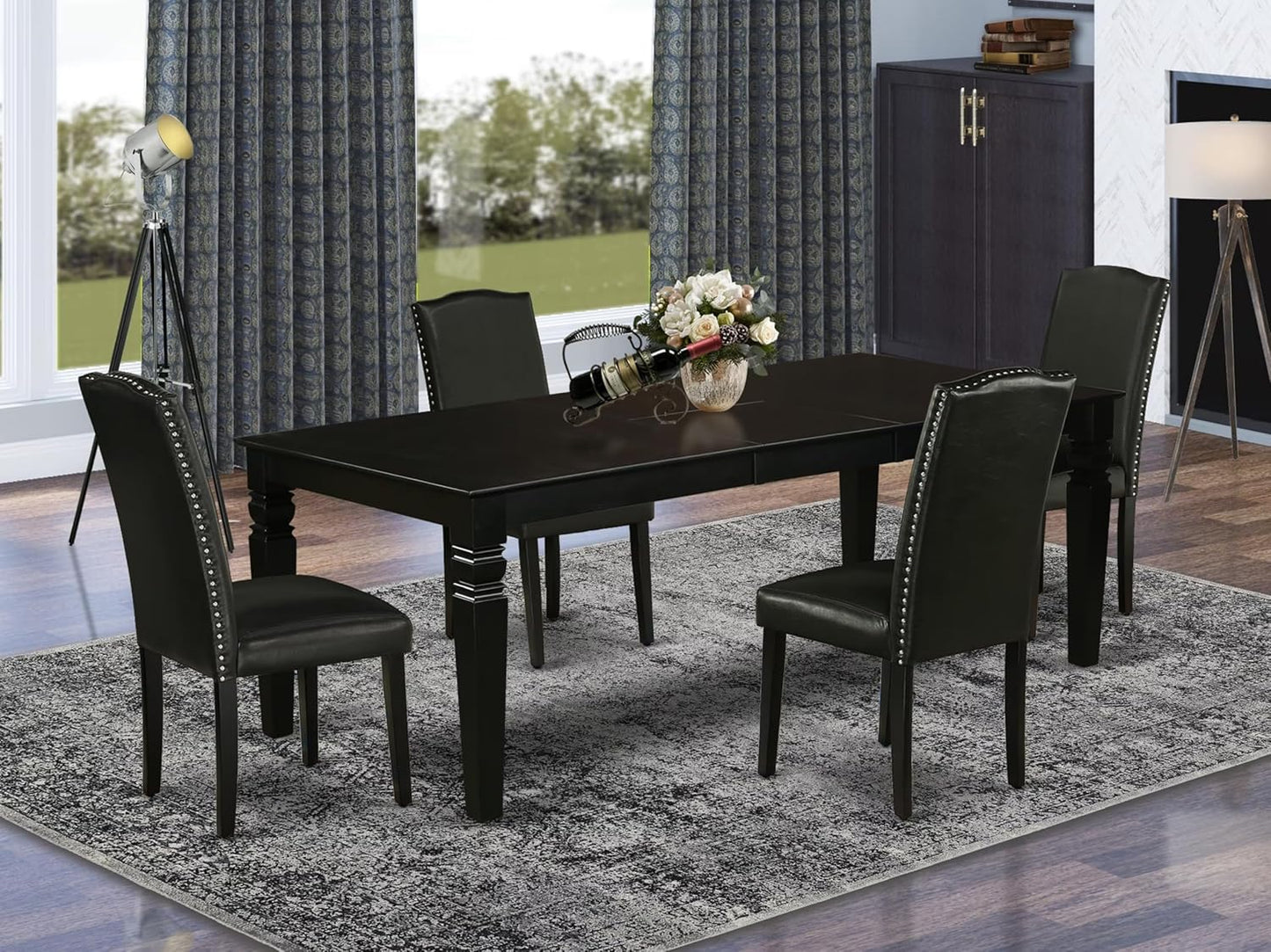 East West Furniture LGEN5-BLK-69 5 Piece Dining Table Set Includes a Rectangle Dining Room Table with Butterfly Leaf and 4 Black Faux Leather Parsons Chairs, 42x84 Inch, Black