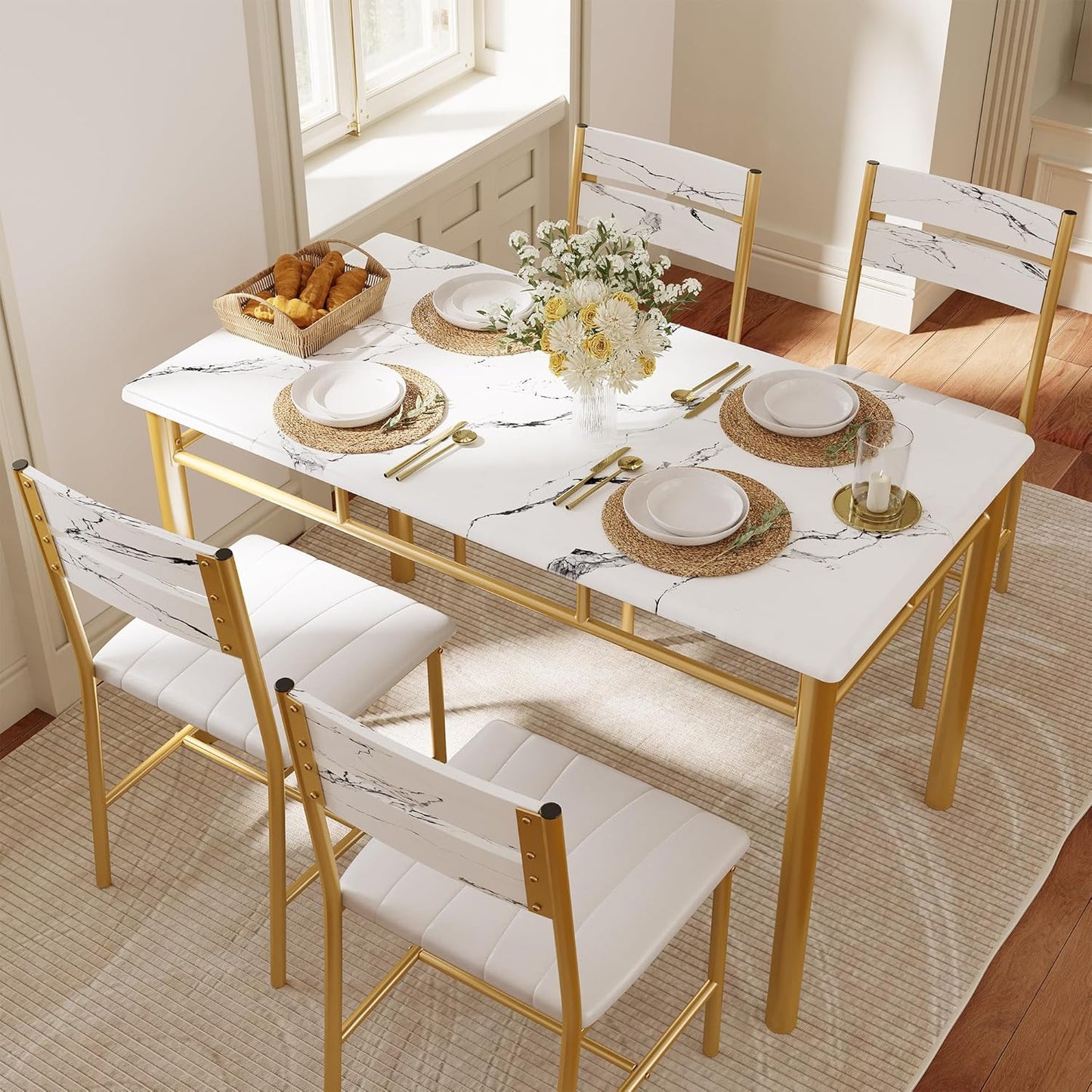 IRONCK Dining Table Set for 4, Wood Kitchen Table with Upholstered Chairs for Kitchen & Dining Room, Compact Dining Set for Small Spaces, White & Gold