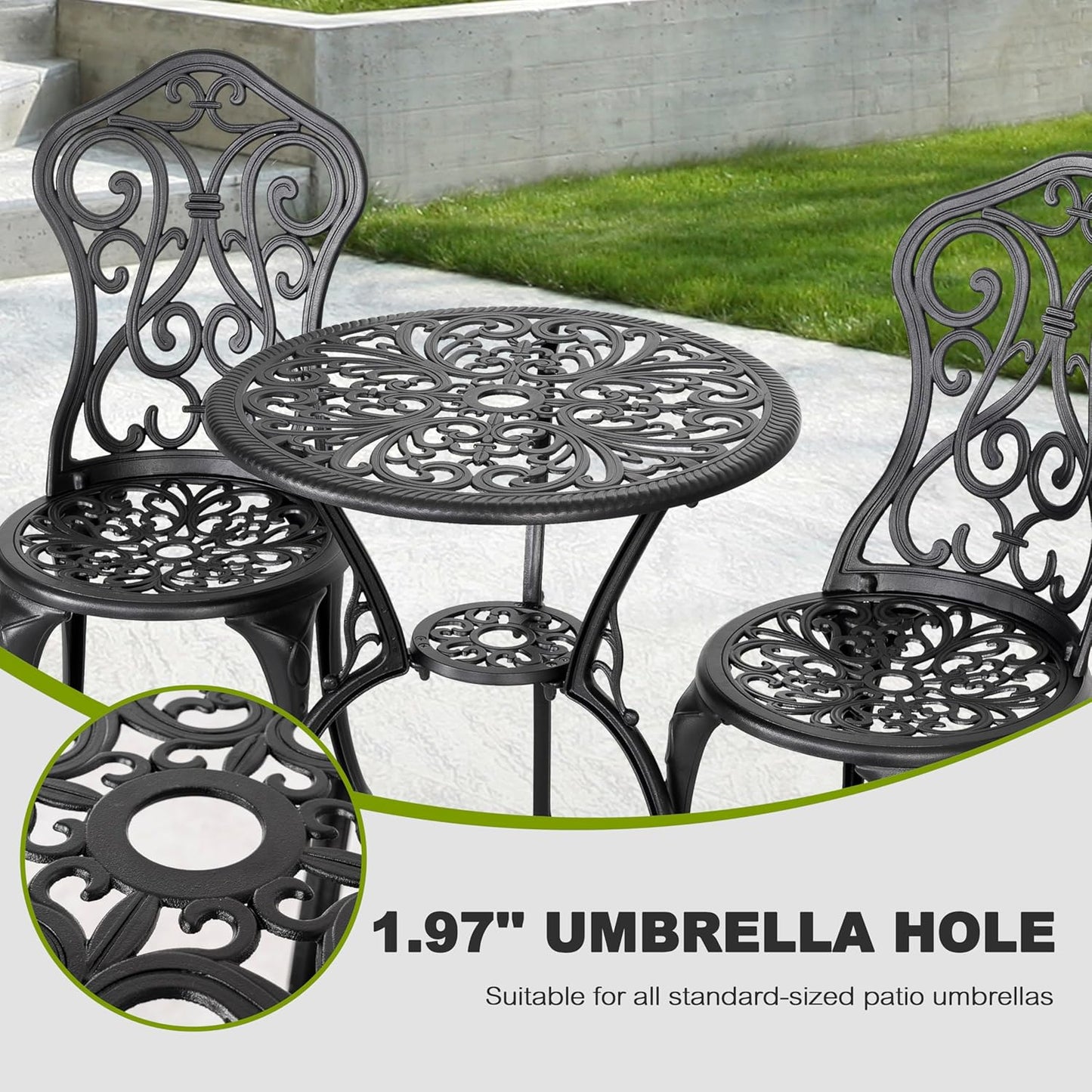 NUU GARDEN 3 Pieces Patio Bistro Set, Round Table with Umbrella Hole, Outdoor Bistro Set with 2 Chairs, All-Weather Outdoor Patio Bistro Set for Garden, Lawn, Poolside, Porch, Black