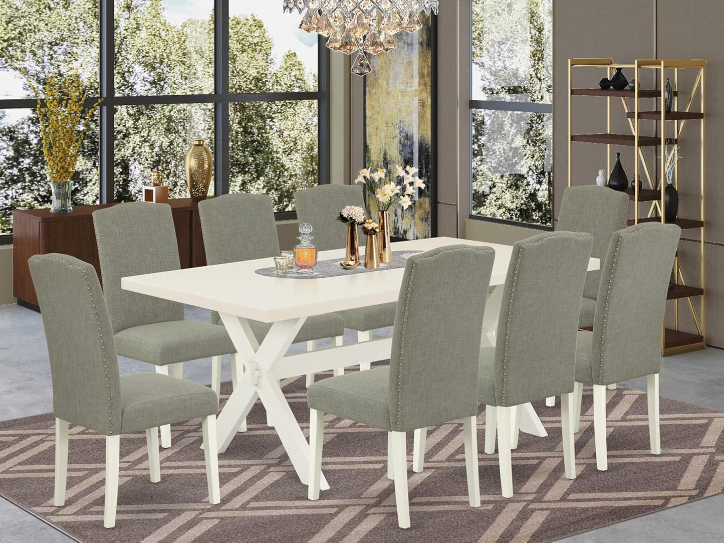East West Furniture X027EN206-9 9 Piece Dining Table Set Includes a Rectangle Dining Room Table with X-Legs and 8 Dark Shitake Linen Fabric Upholstered Chairs, 40x72 Inch, Multi-Color