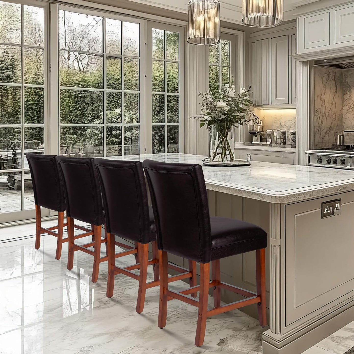 Homepop Home Decor | Classic Counter Height Bar Stools | Faux Leather 24 Inch Bar Stools | Decorative Home Furniture (Brown Faux)