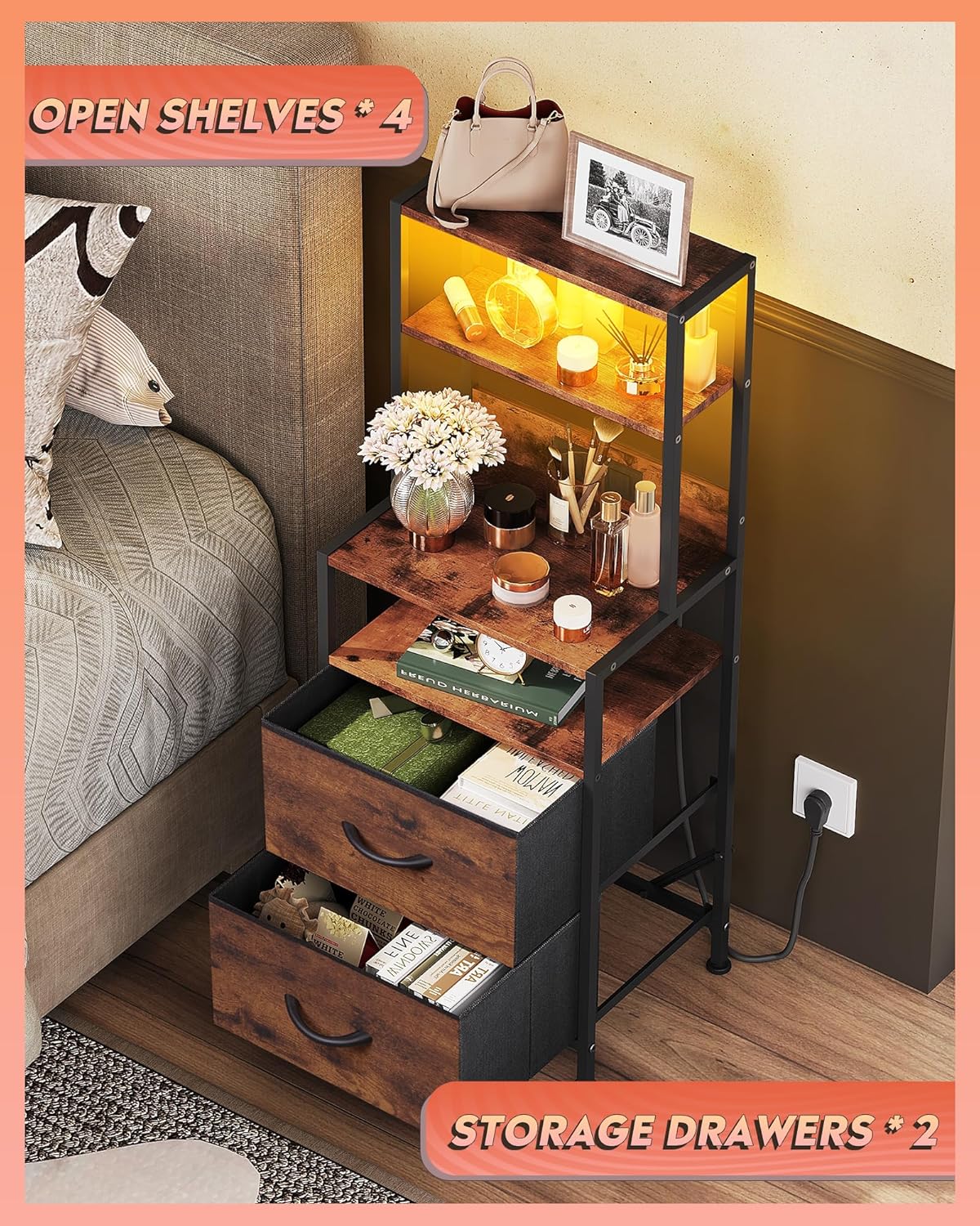 WLIVE Nightstand with Charging Station, LED Night Stand with 2 Drawers and 4 Storage Open Shelves, Fabric Dresser for Bedroom, Rustic Brown