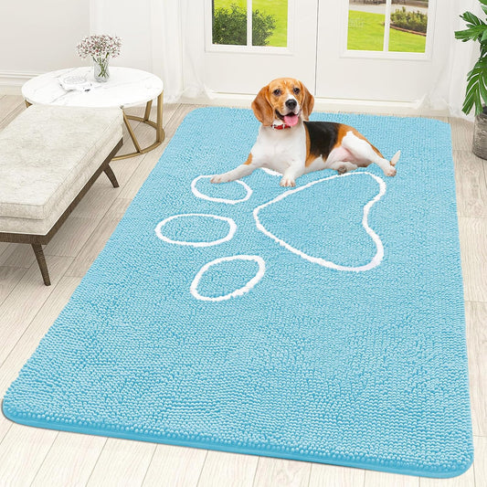 OLANLY Door Mat for Muddy Dog Paws 59x35, Ultra Absorbent Chenille Mud Doormat with Paw Print Design, Non-Slip Washable Doormat for Indoor Entryway, Quick-Dry Pet Bed Mats for Dirty Dogs, Blue