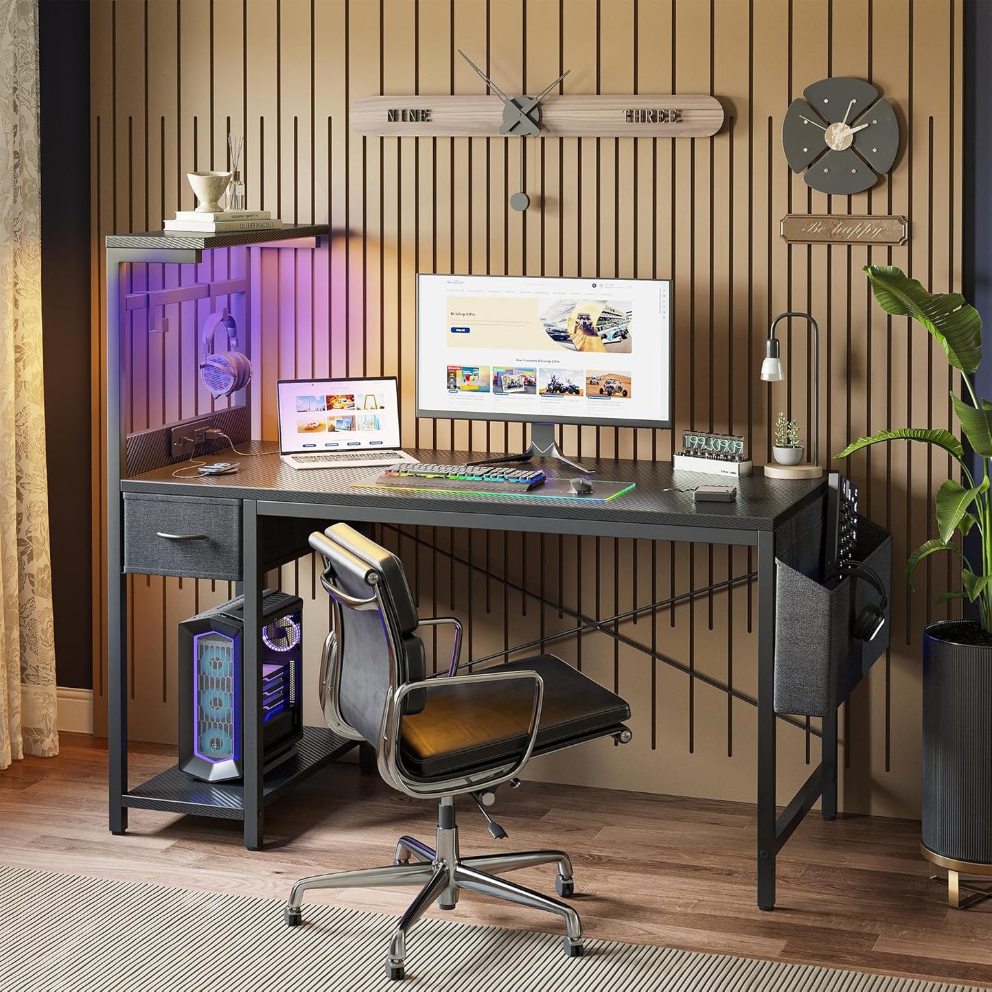 TIQLAB Gaming Desk 55 inch with Power Outlet and LED Light, Computer Desk with Reversible Shelves and Storage Drawer, Small PC Desk for Home Office Table with Bag, Carbon Fiber Black