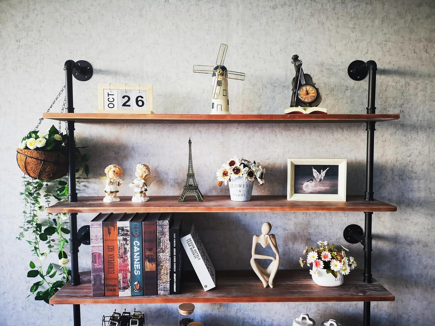 Industrial Ladder Shelves, Wall Mounted Rustic Bookshelf, Retro Wood Metal Pipe Industrial Shelves (Weathered Brown, 5 Tier - 10" D x 48" W x 70" H)