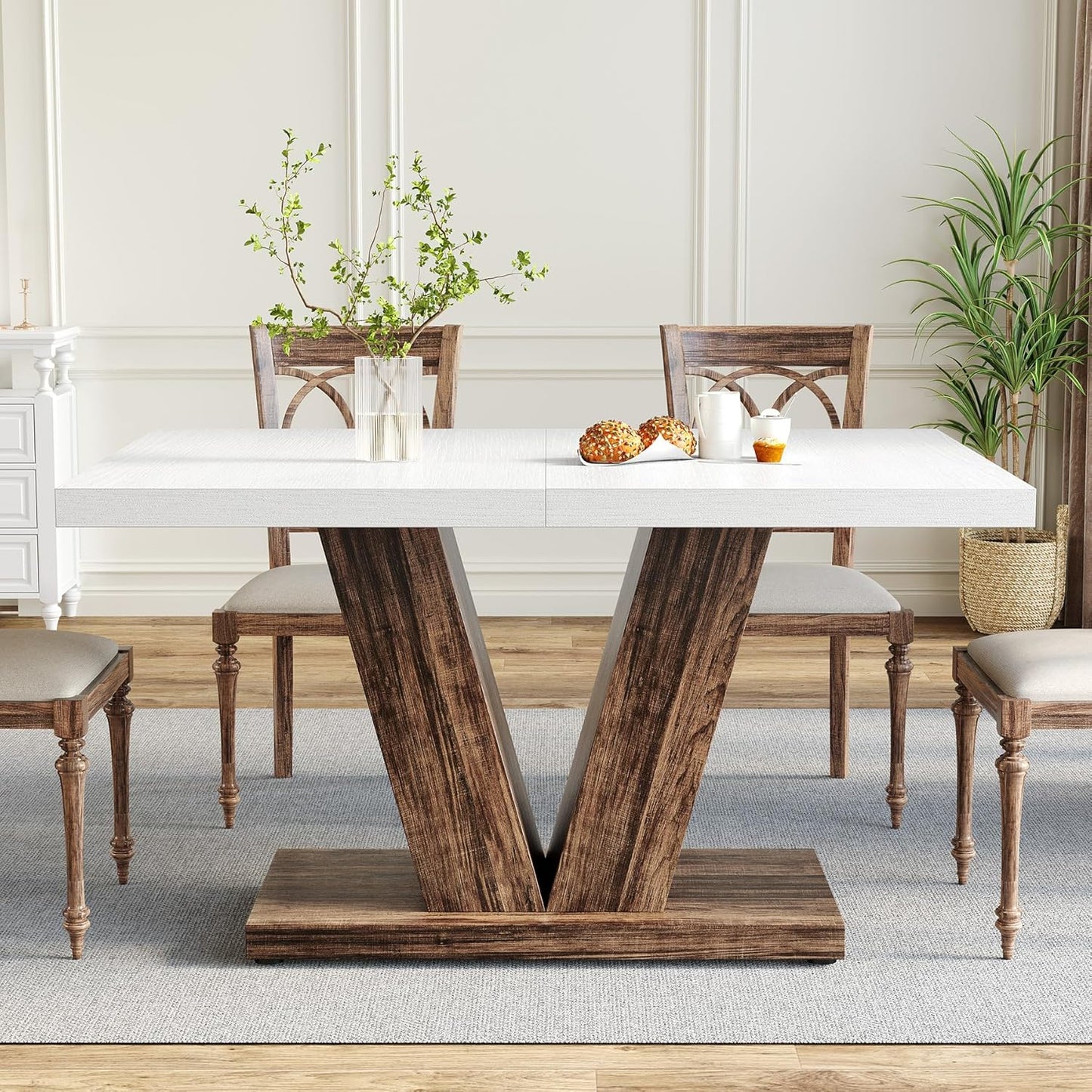 LITTLE TREE 47 Inches Dining Table for 4, Modern Dining Room Tables, White Rectangle Kitchen Table with Rustic Brown V-Shaped Pedestal, Wooden Dinner Table for Dining Room, Kitchen, Living Room