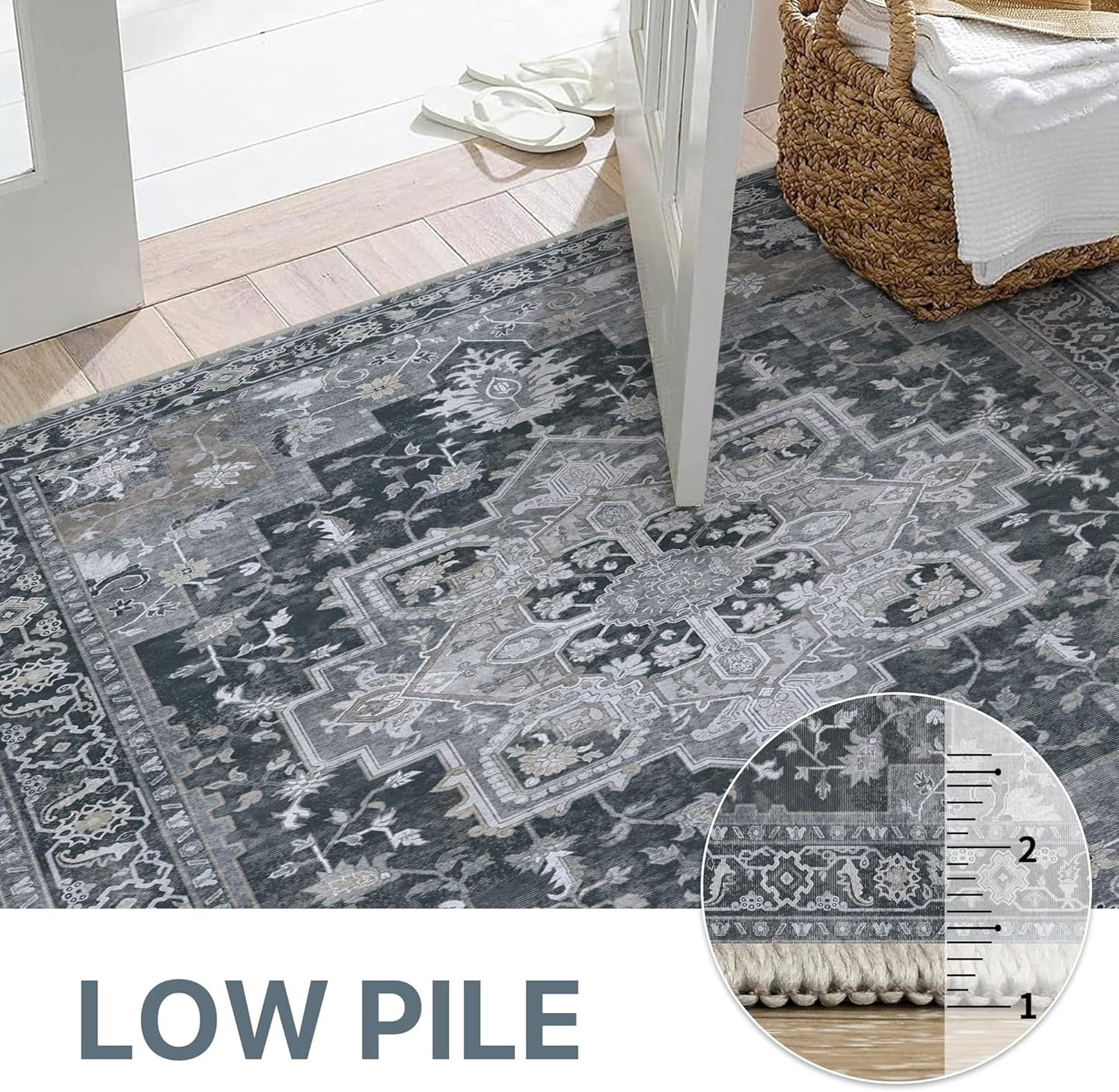 GENIMO 6x9 Area Rugs for Living Room, Machine Washable Non Slip Vintage Rugs, Low Pile Lightweight Chenille Print Rug for Bedroom, Dining Room, Home Office,Dark Gray