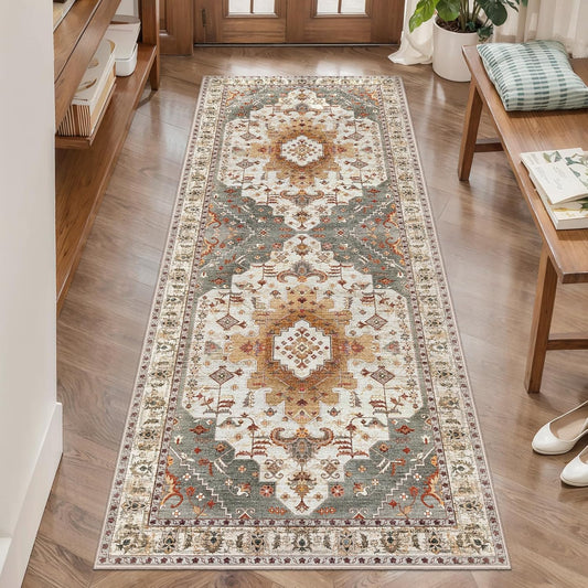 Tangsoo 2x5 Washable Runner Rug for Hallways, Non Slip Vintage Rugs, Soft Low Pile Long Rug Runner, Print Distressed Turmeric Carpet Runners for Kitchen Bedroom Entryway Bathroom Living Room