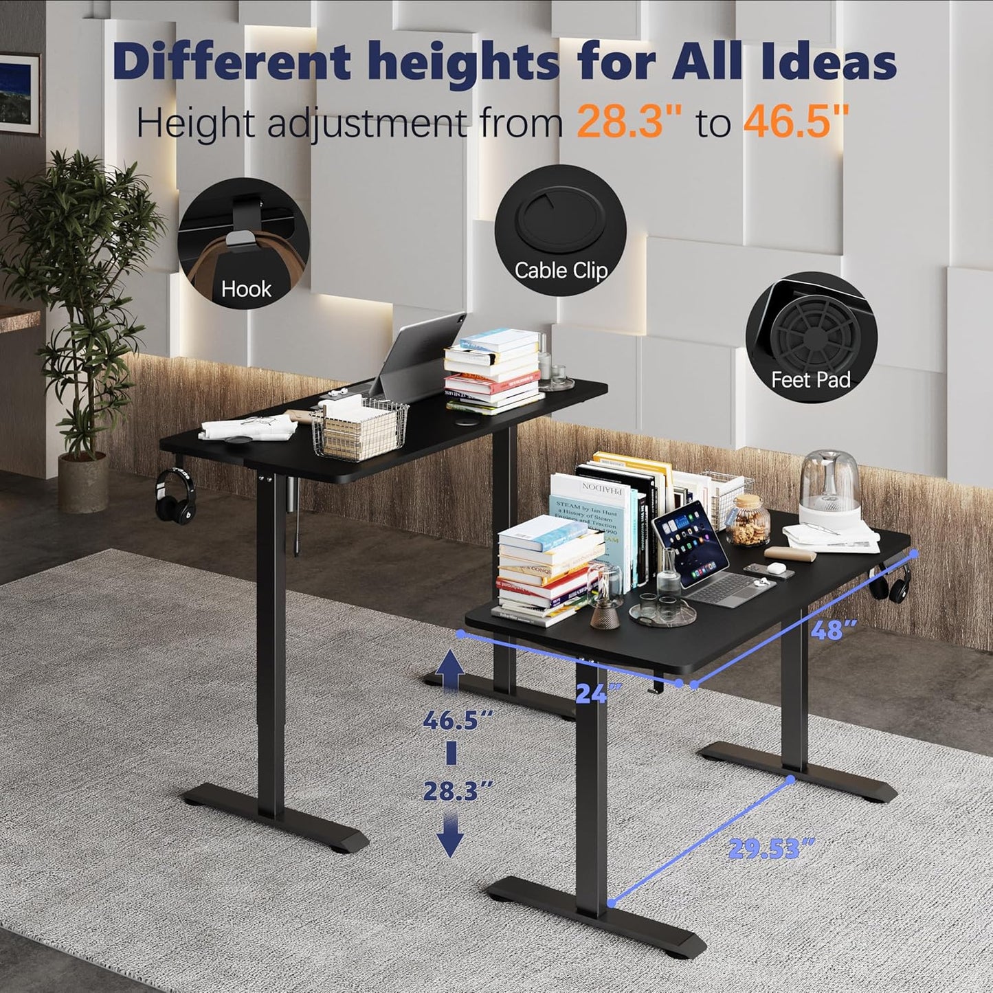 Monomi Electric Height Adjustable Standing Desk, 48x24 Inches, Ergonomic Home Office Sit/Stand Up Desk (Black Steel Frame/Black Top)