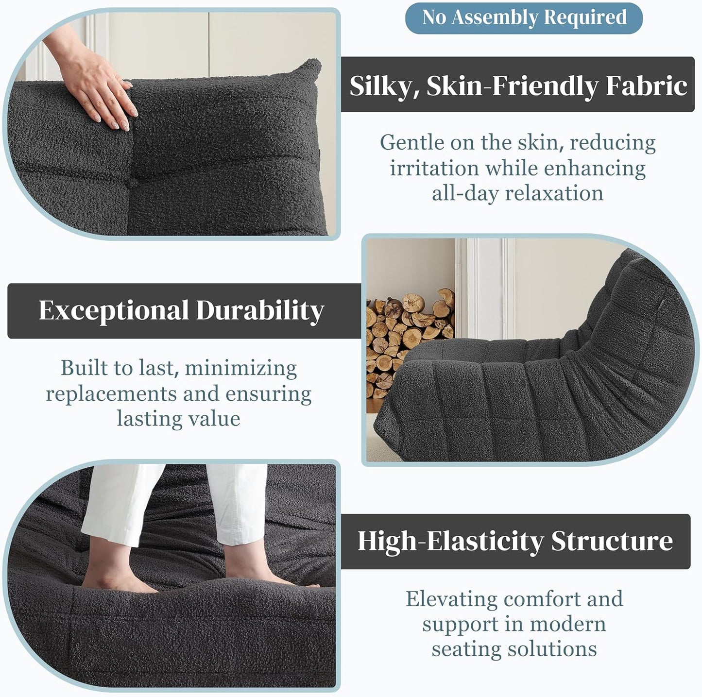 Bean Bag Chair, Fireside Chair Bean Bag Sofa for Adults, Bean Bag Chairs for Teens with High-Resilience Foam, Memory Foam & Non-Slip Base Bean Bag for Living Room, Bedroom, Office (Teddy, Dark Gray)