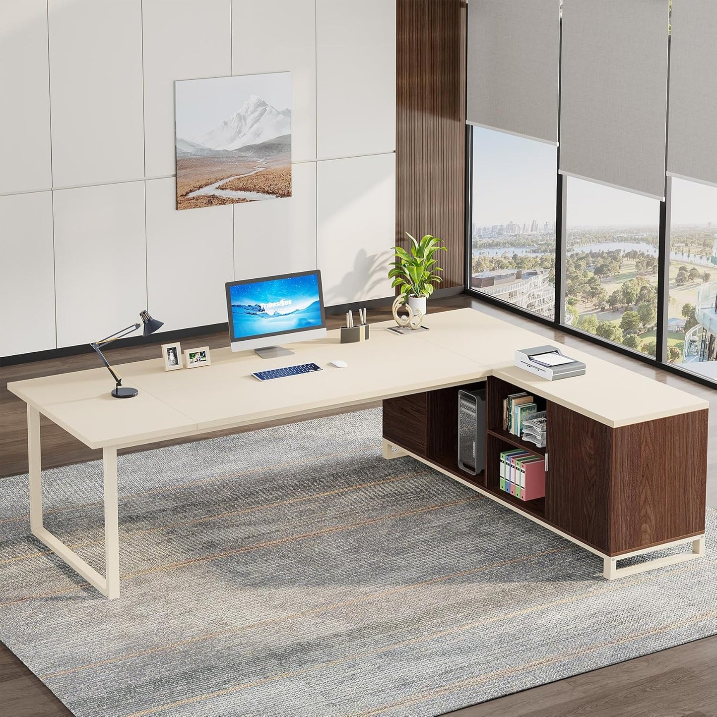 Tribesigns 70.8" Executive Desk with 55" File Cabinet, Modern L Shaped Computer Desk with Storage Shelves and Cabinet, Large L Shaped Executive Desk for Home Office, Beige & Walnut