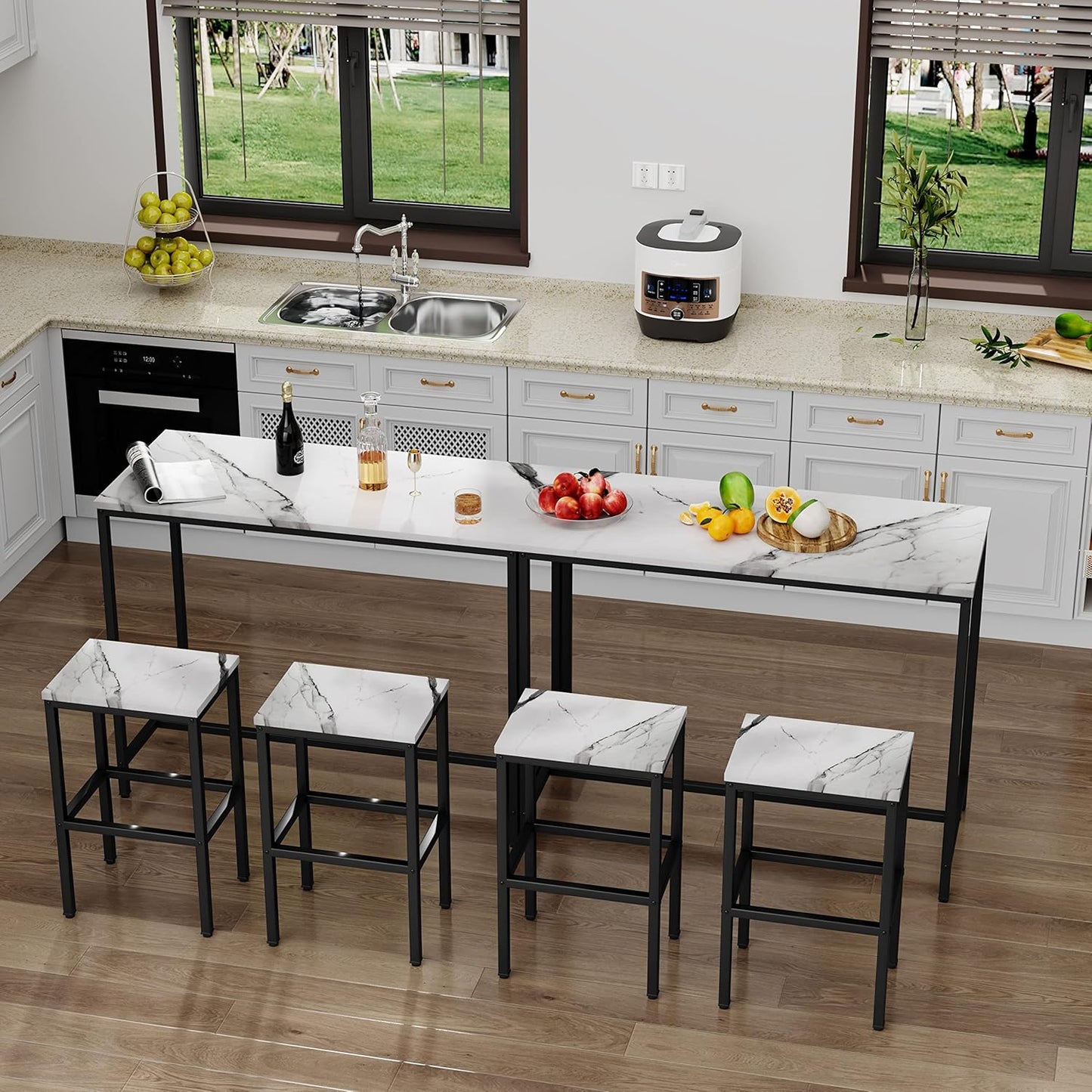 Aklaus Bar Table Set,44" White Faux Marble Top Bar Table and Chairs Set,Counter Height Bar Table with 2 Bar Stools,3 Piece Kitchen Breakfast Table for Living Room Dining Room Apartment