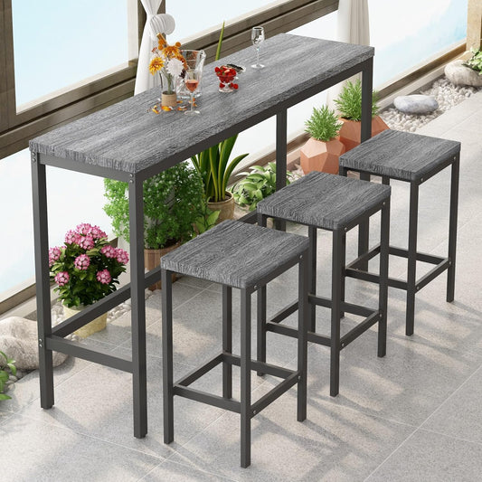 KEIKI 60.24” Long Bar High Top Dining Table and 3 Stools Chairs Set, Wood Behind Couch Sofa Counter Height Pub Furniture for Breakfast, Kitchen Living Party Room, Grey