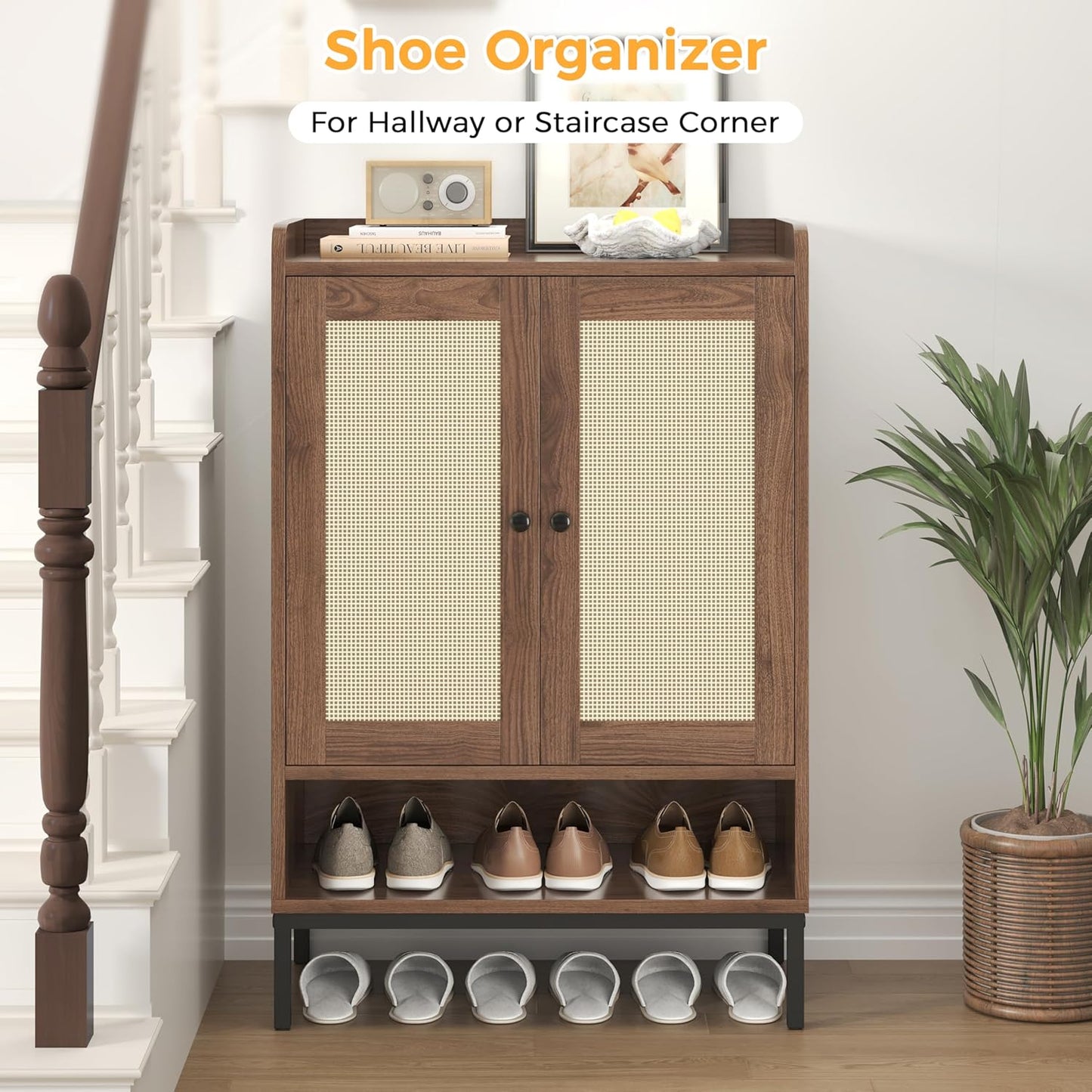 Rattan Shoe Cabinet Storage for Entryway, Shoe Cabinet with Adjustable Shelves for Entryway, 5-Tier, 20 Pair Shoe Rack Storage for Hallway, Closet, Living Room, Brown