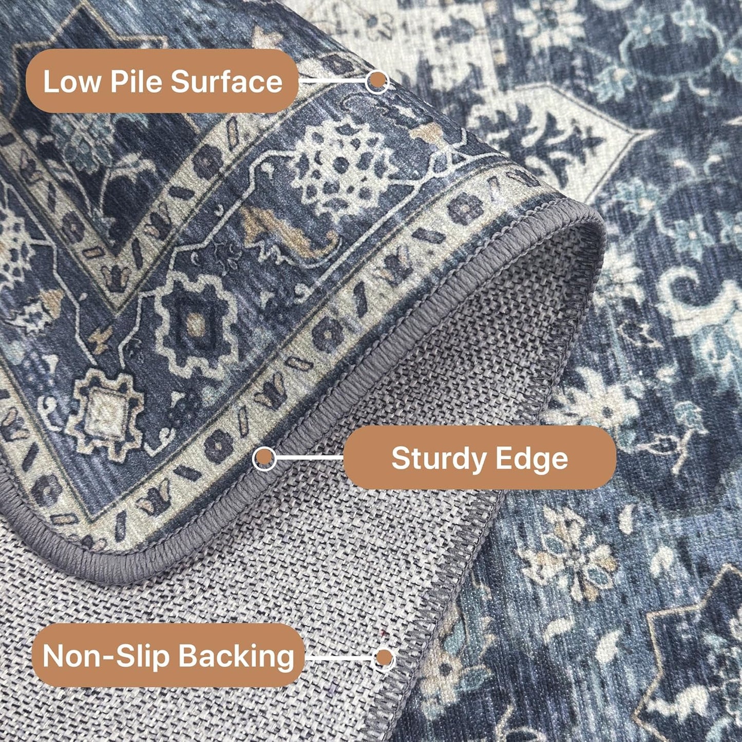 GENIMO 2x6 Runner Rugs for Hallway, Machine Washable Non Slip Vintage Rugs, Low Pile Lightweight Soft Print Rug for enrtyway, Corridor, Home Office, Kitchen, Center Blue