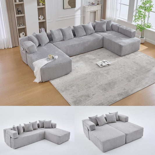 Eafurn DIY Combination Compression Modular Sectional Sofa with Double Chaise Lounge, 146" Oversized U Shaped Boneless Couch with Deep Seat Convertible Sleeper Sofabed w/Throw Pillows