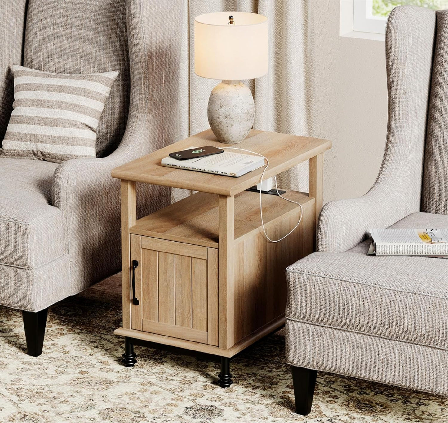 WAMPAT Set of 2 End Tables with Charging Station, Sofa Side Tables with Storage Cabinet for Living Room, Light Wood Bedside Table with Metal Leg, Nightstand for Bedroom, Oak