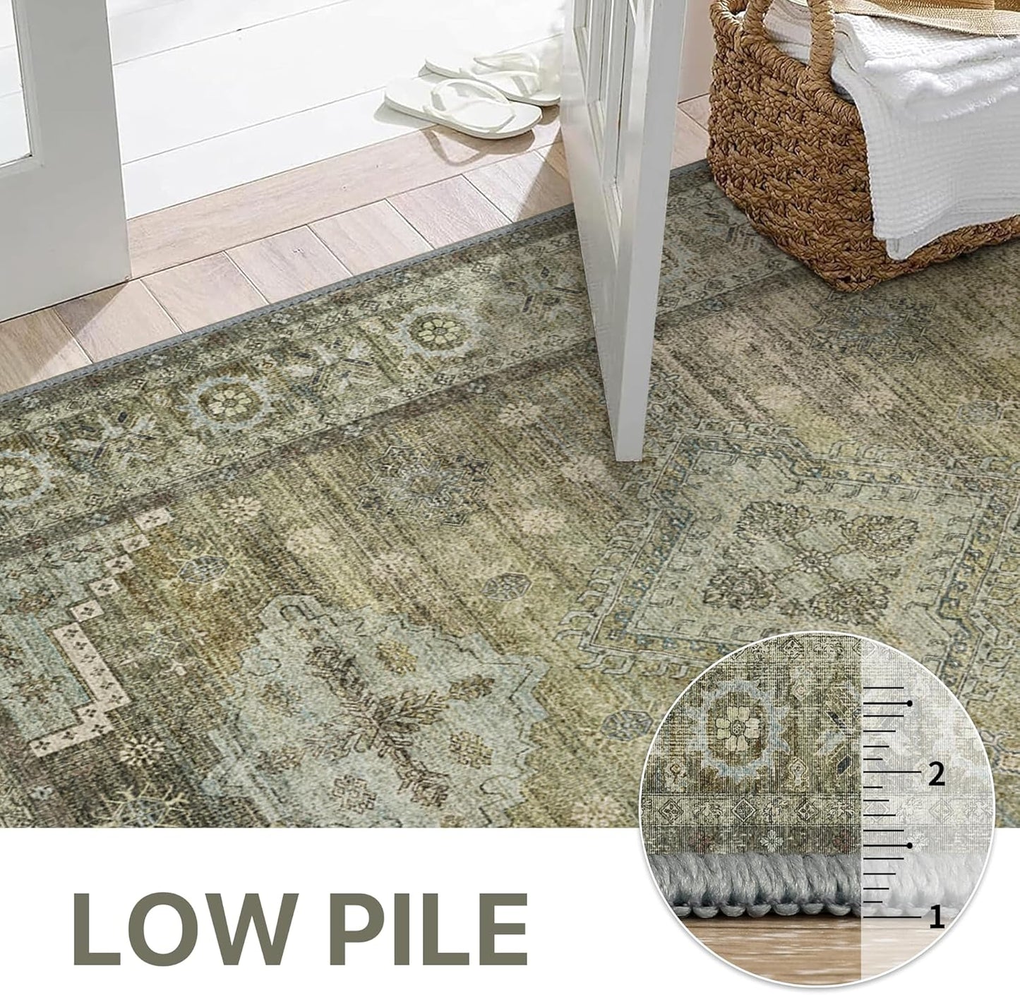 GENIMO Runner Rug 2x10 Non Slip Machine Washable Vintage Hallway Runner Rugs, Low Pile Lightweight Mat for Living Room, Entryway, Bedroom, Kitchen and Corridor, Distressed Sage