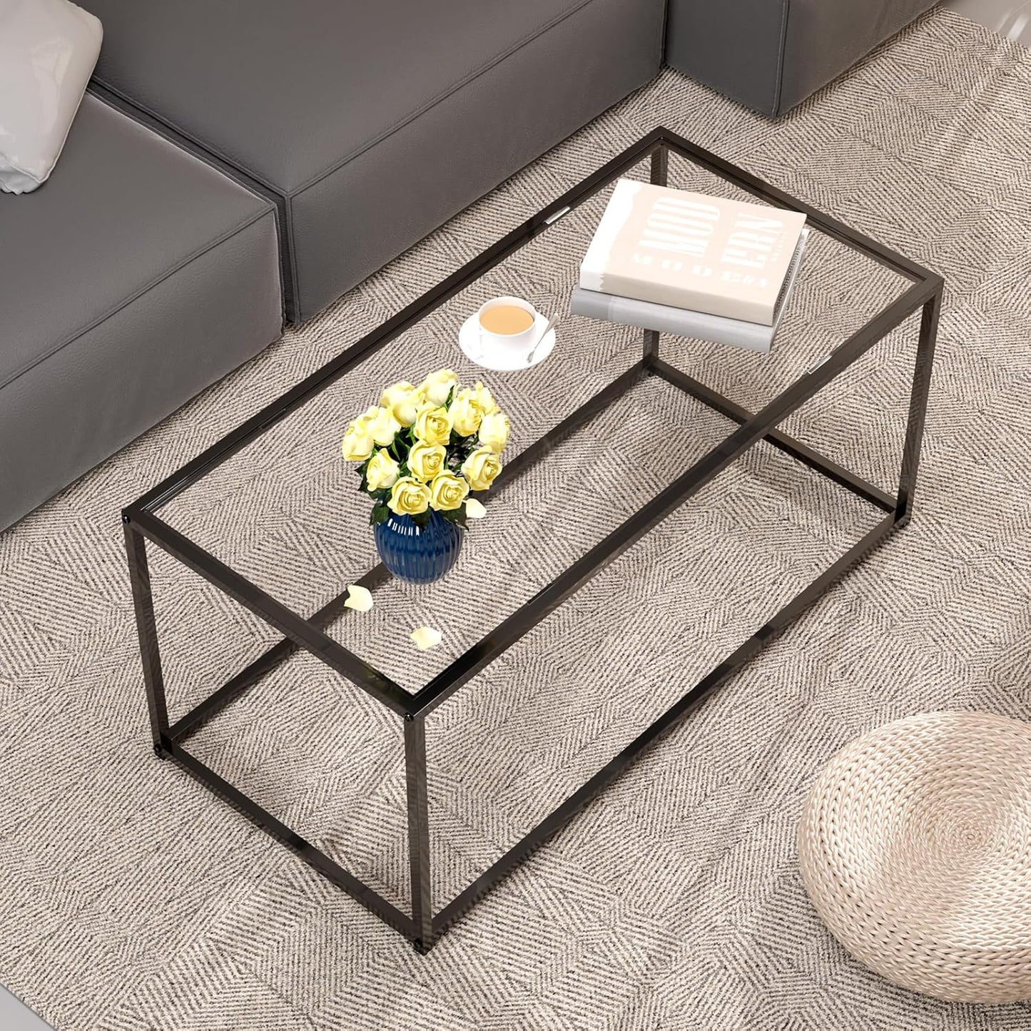 Glass Coffee Table Modern Center Table,Minimalist Coffee Table for Living Room,Tempered Glass-top with Sturdy Metal Frame, Easy Assembly,Black