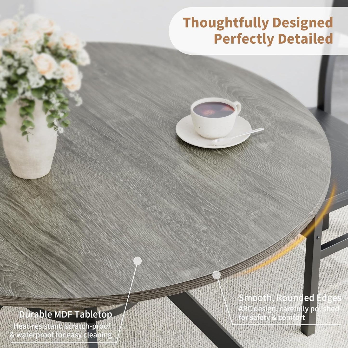 Round Dinner Table for 4, 42 Inch Kitchen & Dining Room Table with Storage, Wooden Circle Dining Table, Mid Century Modern Dining Table with Metal Legs for Kitchen, Living Room, Dining Room, Grey