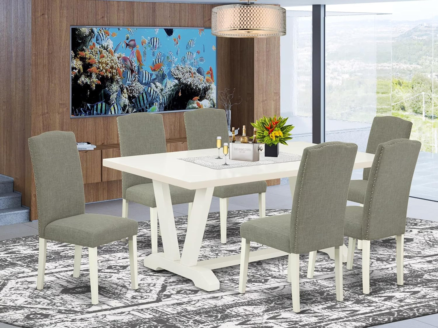 East West Furniture V027EN206-7 7 Piece Dining Table Set Consist of a Rectangle Kitchen Table with V-Legs and 6 Dark Shitake Linen Fabric Parson Dining Chairs, 40x72 Inch, Multi-Color