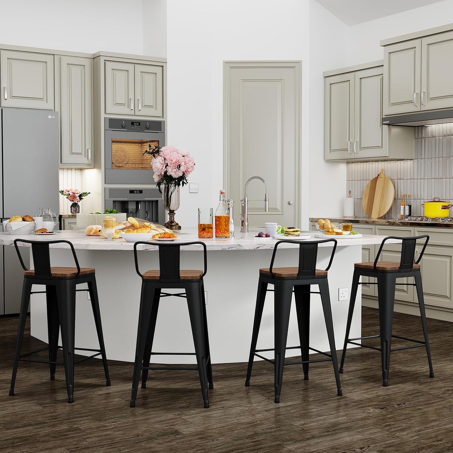 Yongchuang 24" Metal Barstools Set of 4 Counter Bar Stools with Wood Top Low Back Matte Black