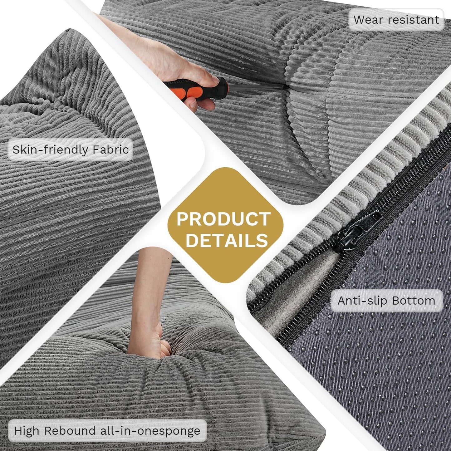 Bean Bag Chairs for Adults, Memory Foam Couch Sofa Chair,One-Piece Foam Padding,Cozy Corduroy Material Bean Bag Chair,Bean Bag Sofa for Reading in Bedroom Living Room and Dorms，Gray