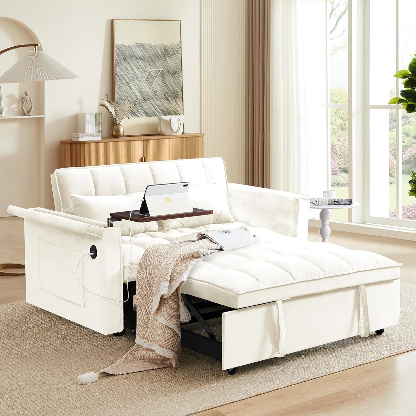 Ball & Cast 55" 3 in 1 Sleeper Sofa Bed Velvet Upholstered Pull Out Couch with Adjustable Back & 2 Pillows,Convertible Futon Sofa Bed W/Hidden Side Table,Side Pocket & USB Port,for Living Room,Beige