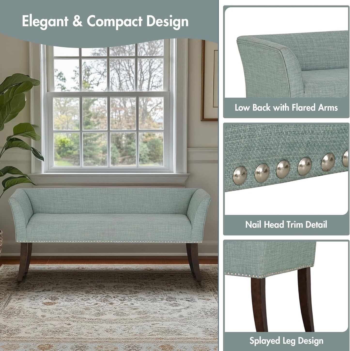 Madison Park Accent Bench for Living Room, Upholstered with Nailhead Trim, & Padded Seat Entryway Bench Small, End of Bed Bench with Back, 49.5" W x 19.25" D x 23" H, Light Blue