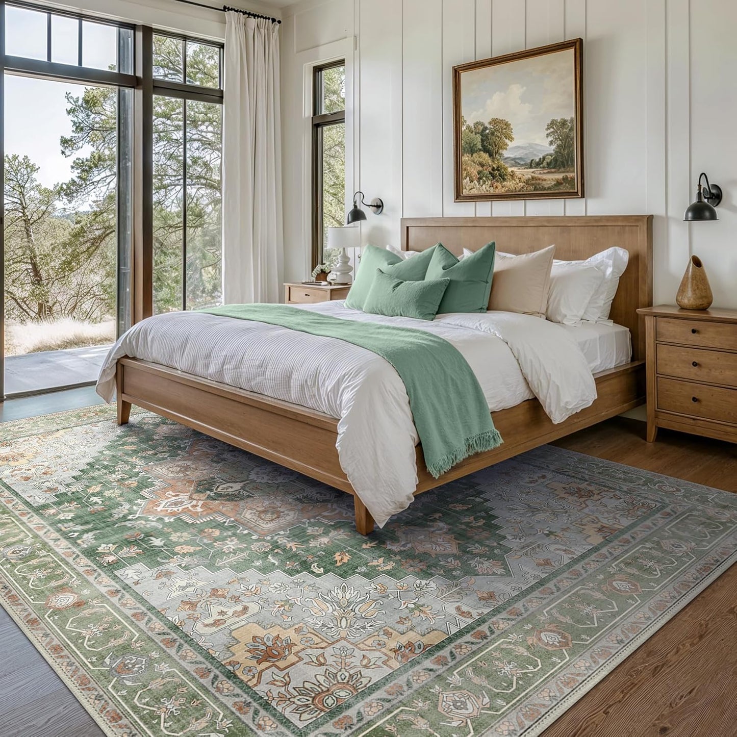 GENIMO 5x7 Area Rugs for Living Room, Machine Washable Non Slip Vintage Rugs, Low Pile Lightweight Chenille Print Rug for Bedroom, Dining Room, Home Office,Sage Green