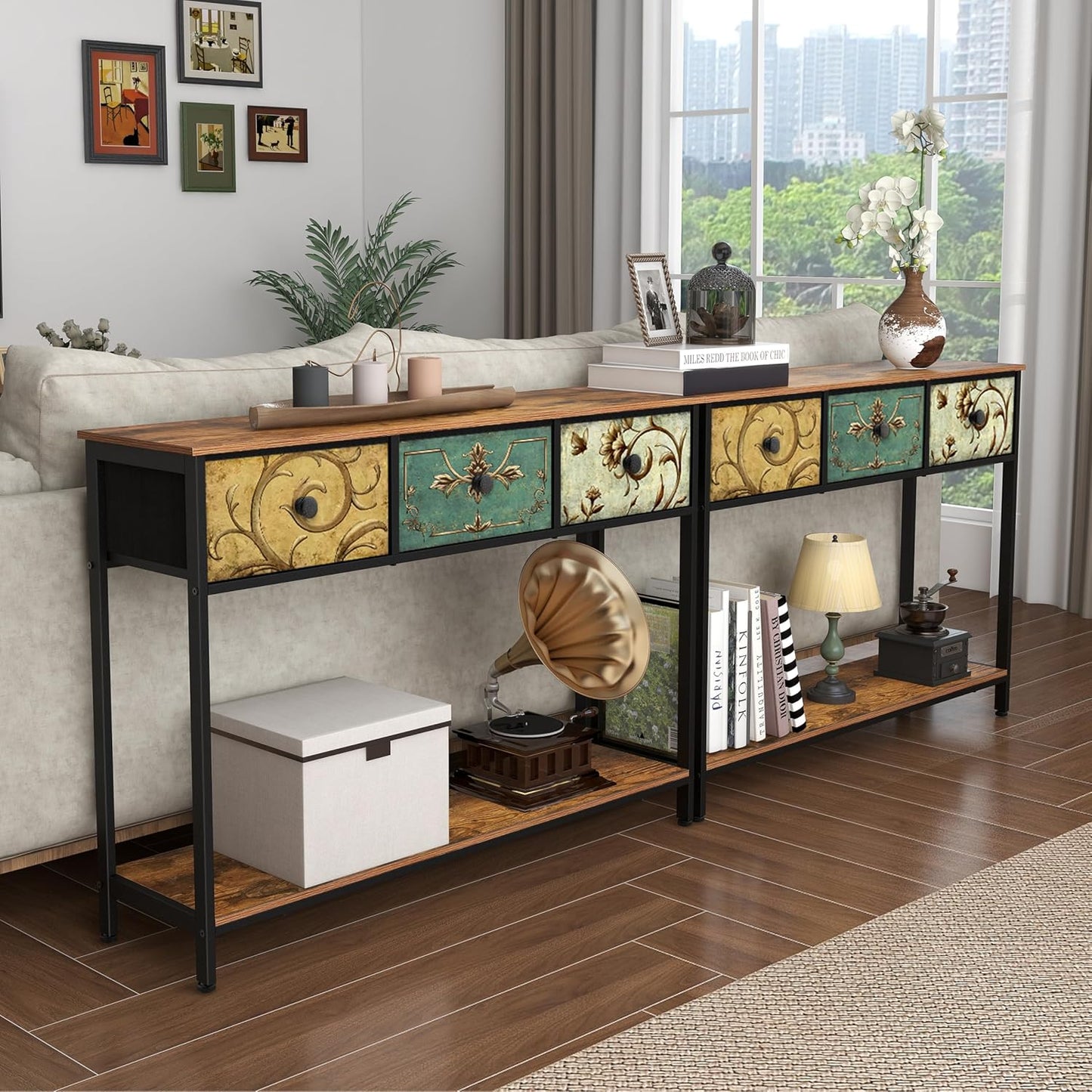 Tohomeor Entryway Console Table with 3 Retro Flowers Fabric Drawers Boho Narrow Long Behind Couch Sofa Table with Bottom Open Storage Shelf for Hallway Living Room Foyer (Rustic Brown, 3 Drawers)