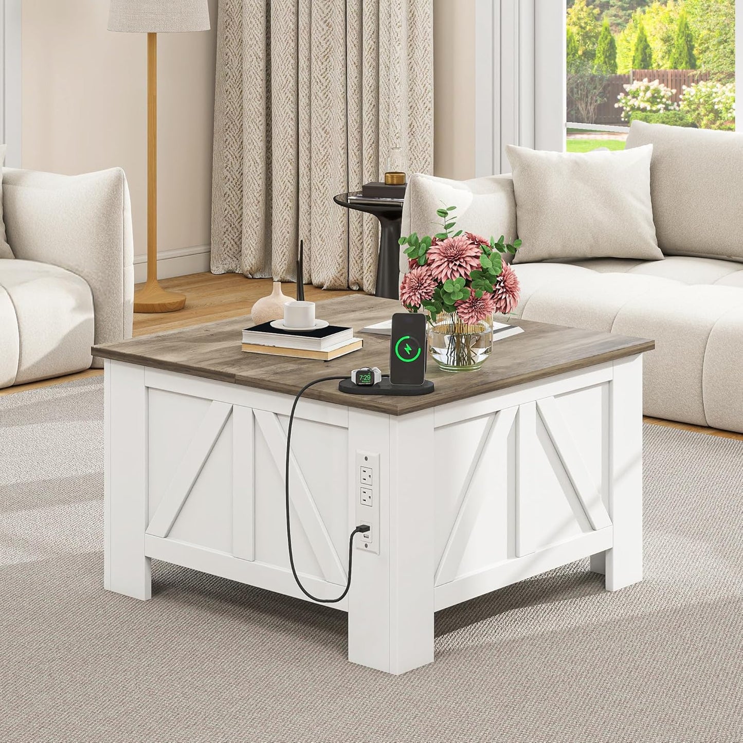 YITAHOME Farmhouse Lift Top Coffee Table with Storage, Wood Square Center Table with Charging Station & USB Ports and Hidden Compartment Coffee Tables for Living Room Bedroom, Home Office, White