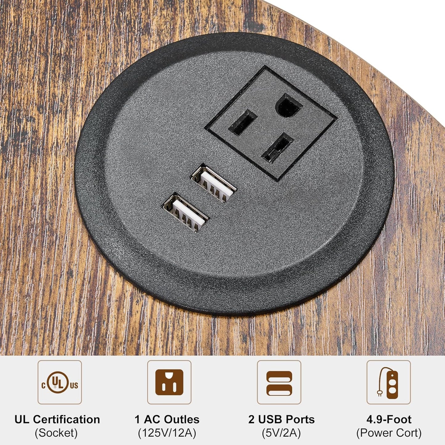 BEWISHOME Round End Table with Charging Station, Side Table Accent Nightstand Bedside Table with 3-Tier Shelves, Small Couch Table for Living Room Bedroom Rustic Brown KTZ51Z