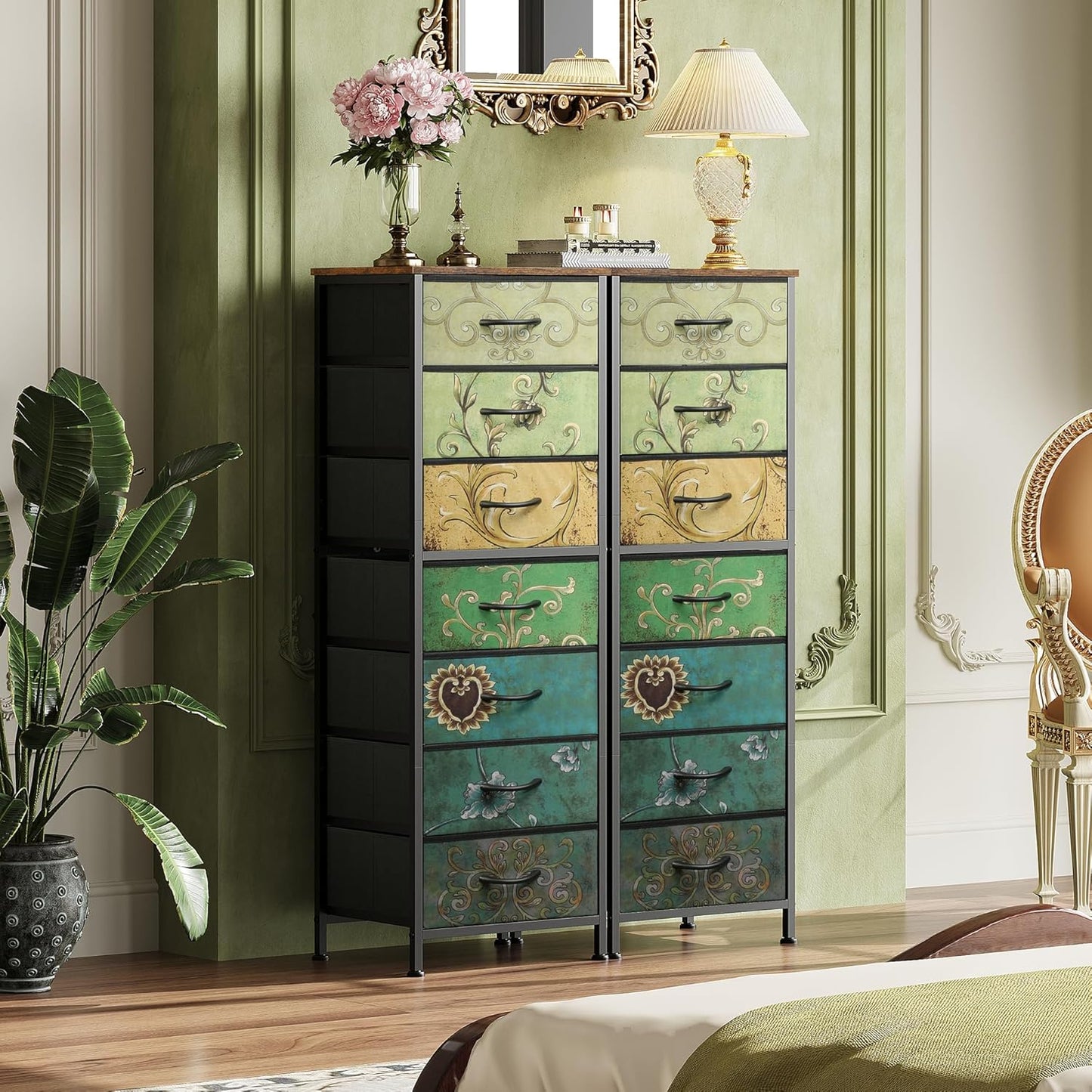 WLIVE Tall Dresser for Bedroom, 7 Drawer Dressers & Chests of Drawers, Fabric Dresser for Closet, Living Room, Night Stand with Metal Frame, Storage Tower with Fabric Bins, Wood Top, Floral Painted