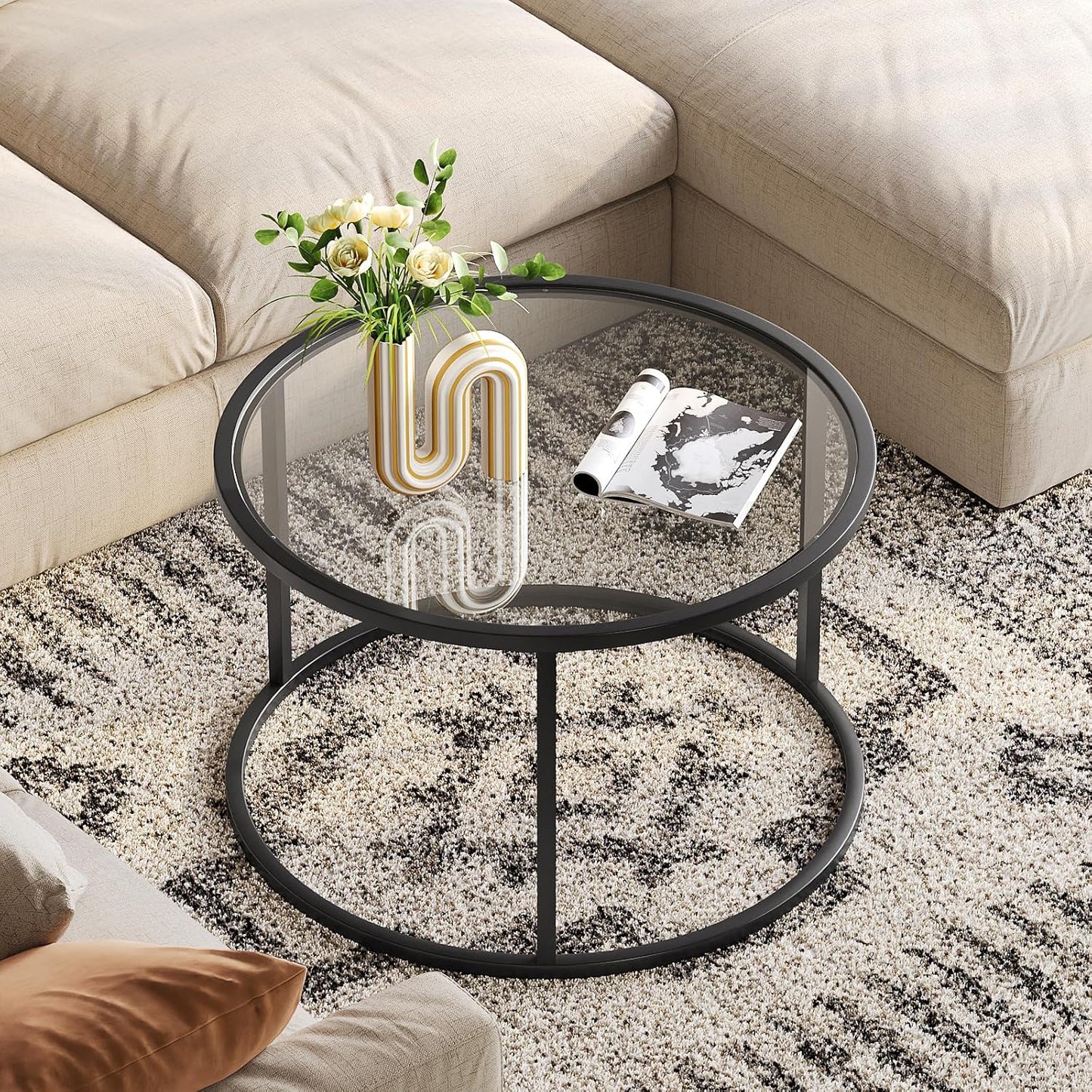 SAYGOER Round Coffee Table Glass Small Coffee Tables for Living Room, 27.6 inch Modern Center Table for Office Apartment, 5 MM Tempered Clear Glass Top, Black Metal Frame