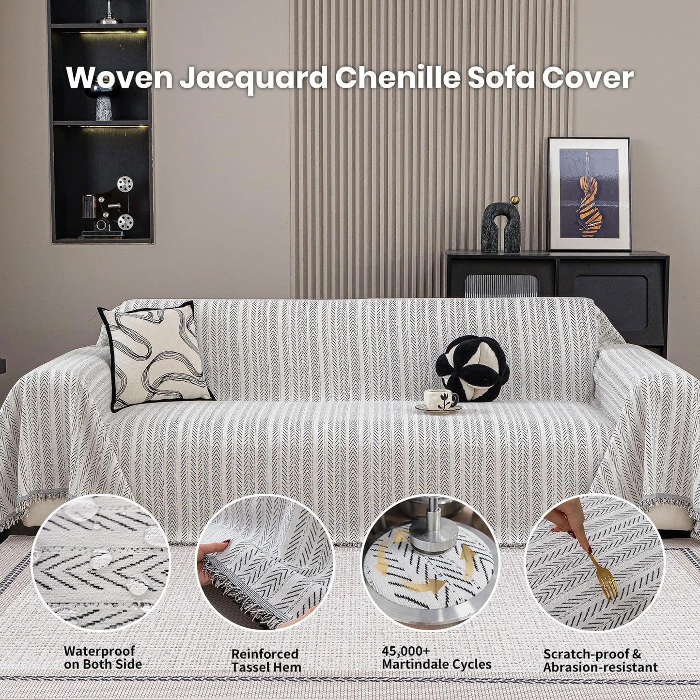 Nobildonna Sofa Cover Washable Soft Thicken Chenille Couch Cover with Tassel,Waterproof Sofa Slipcovers for 2 Cushion Couch,Loveseat,Futon Couch Furniture Protector Pet-Friendly,Beige 71"x102"