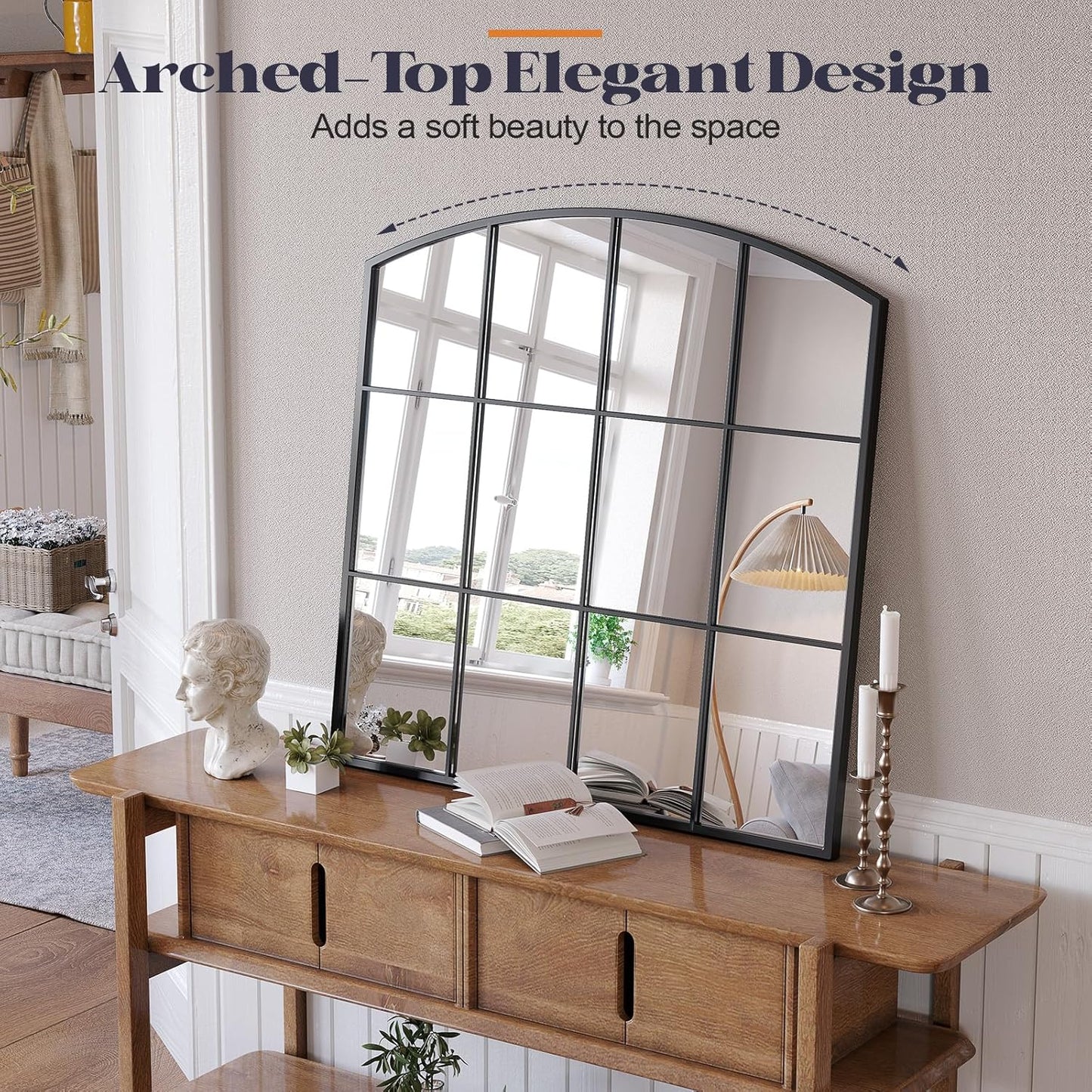 Window Pane Black Mirror, 36" x 36" Farmhouse Arched Wall Mirror, Large Arch Grid Mirror for Living Room Bedroom Farmhouse Fireplace Hallway Entryway