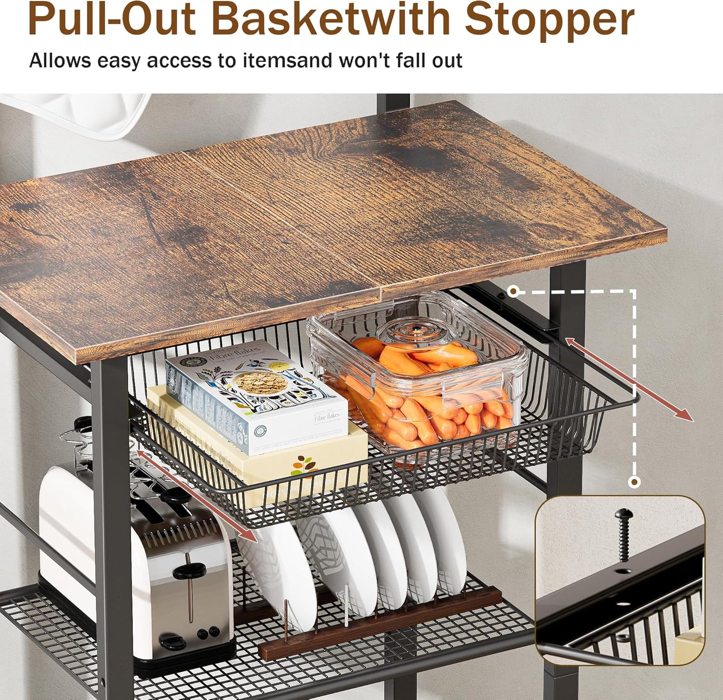 Kitchen Bakers Rack, 6-Tier Microwave Stand with Storage, Multifunctional Coffee Bar with Mesh Basket, Tall Utility Kitchen Storage Shelf, 5 Hooks, Easy Assembly, Rustic Brown