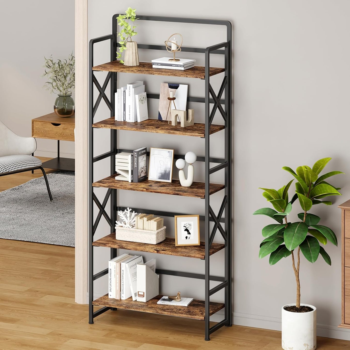 No Assembly Folding Bookshelf, 5 Tiers Vintage Wood Collapsible Book Shelf for Storage,Industrial Metal Foldable Bookcase Organizer for Living Room Bedroom Home Office (Rustic Brown)