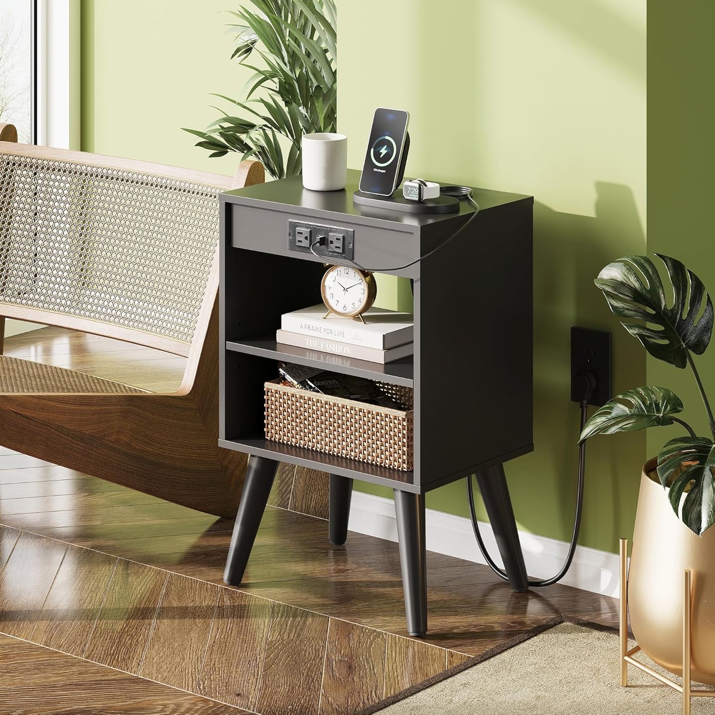 WLIVE Black Nightstand, Night Stand with Charger Station, Bedside Tables, Side Table with Storage Shelf, End Table with USB Ports and Outlets for Bedroom, 15.12" D x 11.73" W x 23.74" H